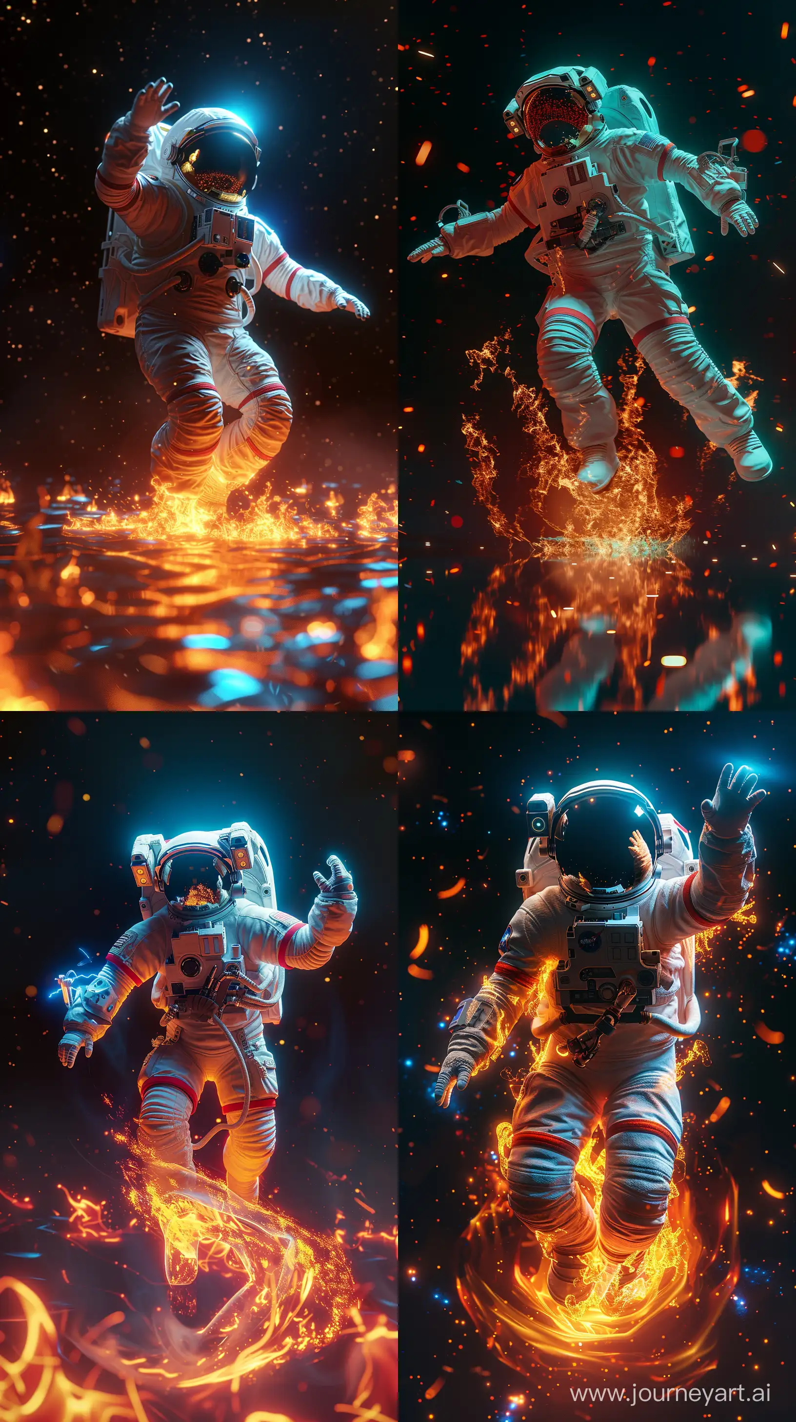 astronaut in a modern plastic suit sinking and walking on fire in space ,trying to go up with one hand up, desertwave  , stylish and intense, mystical, long shot, super realistic style, dynamic composition, 50mm, extreme wide shot  photo, color gradient, Greaser, flood lighting, ultra realistic, photorealistic, hyper detailed, volumetric lighting, extreme low opacity Pale blue light from top , minimalism black background, hdr, octane render, 8k, kaleidoscopic, symetric ,intricate details and textures ,heavily textured ,cinematic view --style raw --v 6 --ar 9:16