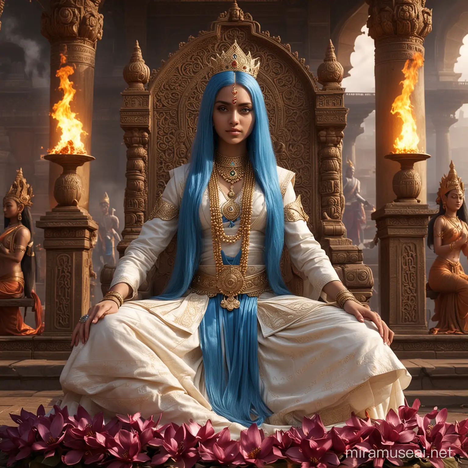 Majestic Hindu Empress Goddess Surrounded by Demonic Deities and Flames