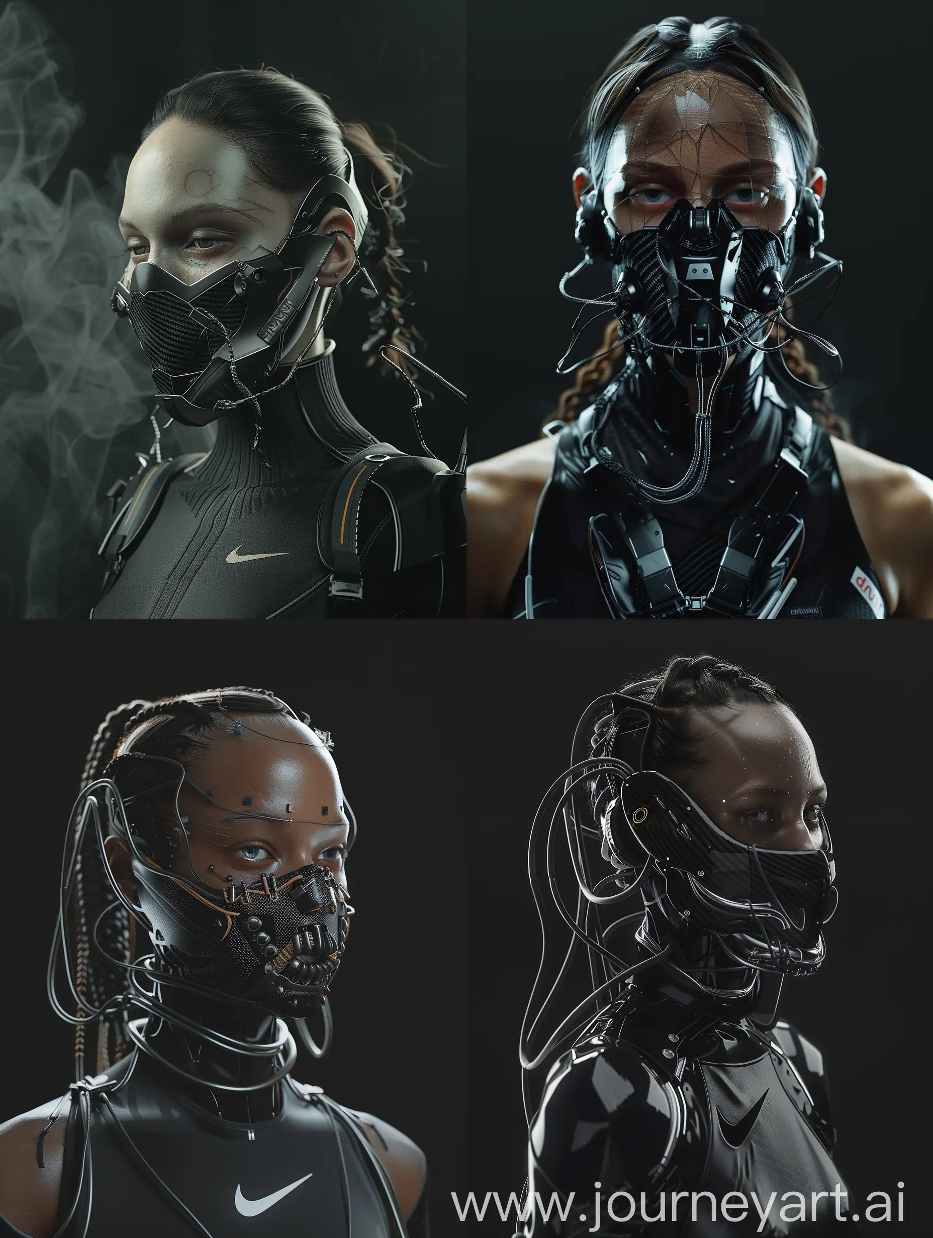 Against a sleek black backdrop, behold a mesmerizing character adorned with a cybernetic mouth-covering mask. It seamlessly blends cutting-edge technology with intricate details, boasting carbon fiber textures, sleek aluminum accents, and wires. Symbolizing the delicate balance between humanity and machine, her appearance embodies the essence of a futuristic cyberpunk aesthetic, enhanced with Nike-inspired add-ons. With dynamic movements reminiscent of action film sequences and cinematic haze, her presence captivates with its irresistible allure.v1

