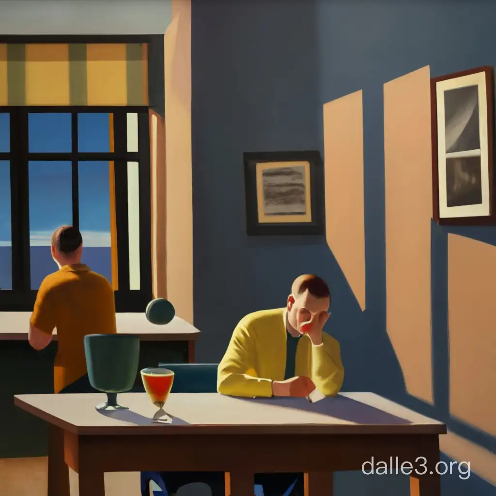 Create a digital painting inspired by Edward Hopper's style, portraying the interior of a quiet tavern devoid of any people. Emulate Hopper's mastery of light and shadow to convey a sense of solitude and nostalgia within this cozy yet uninhabited space. Pay special attention to the composition, ensuring that it effectively communicates the stillness and potential narratives within the scene, such as empty chairs, unlit lamps, and the presence of the bartender's absence. This painting should capture the essence of Hopper's ability to evoke a sense of introspection and the passage of time through his use of light and setting