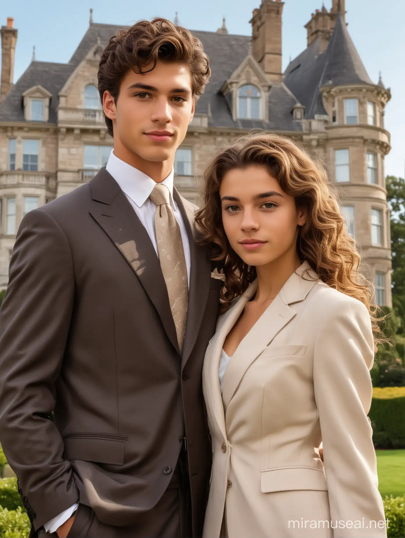 Elegant Young Couple Standing by Luxurious Mansion