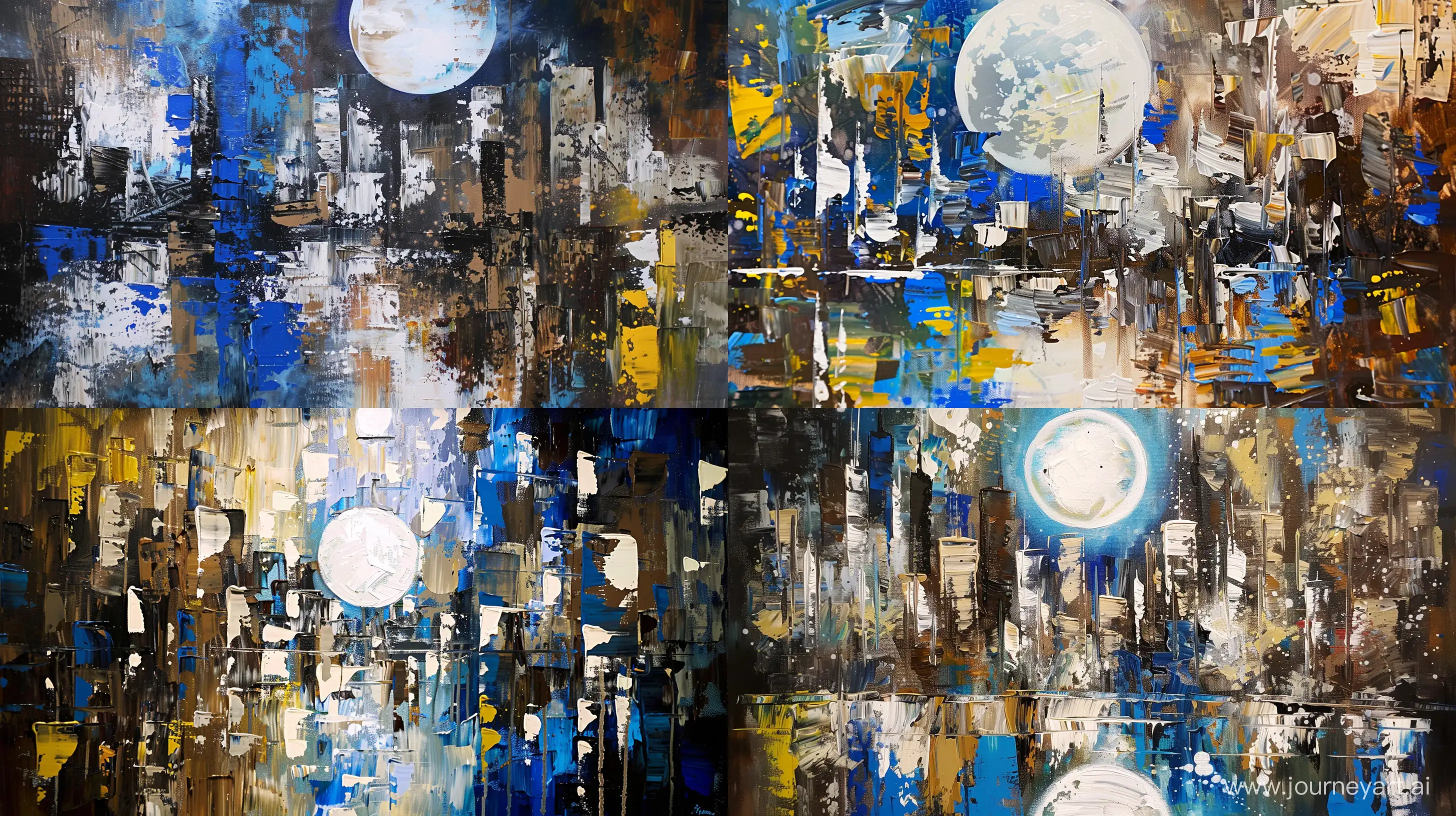  a vibrant and dynamic painting that captures the essence of a bustling cityscape at night. The scene should be illuminated by the ethereal glow of a full moon. The painting should be rich in texture, with thick, expressive brushstrokes that bring the scene to life. The buildings should be abstractly represented with various hues of blue, white, yellow, and brown paint. There should be reflections in what appears to be water in the foreground, painted with strokes of blue, white, and yellow capturing the moon’s reflection. The overall mood conveyed should be one of mystery and enchantment due to the combination of dark tones with bright moonlight --ar 16:9 --v 6.0