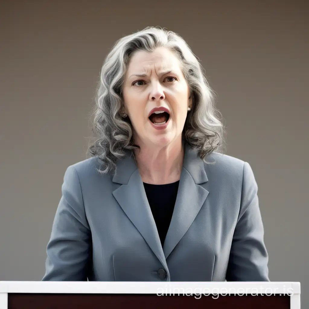 white woman with gray making a speech