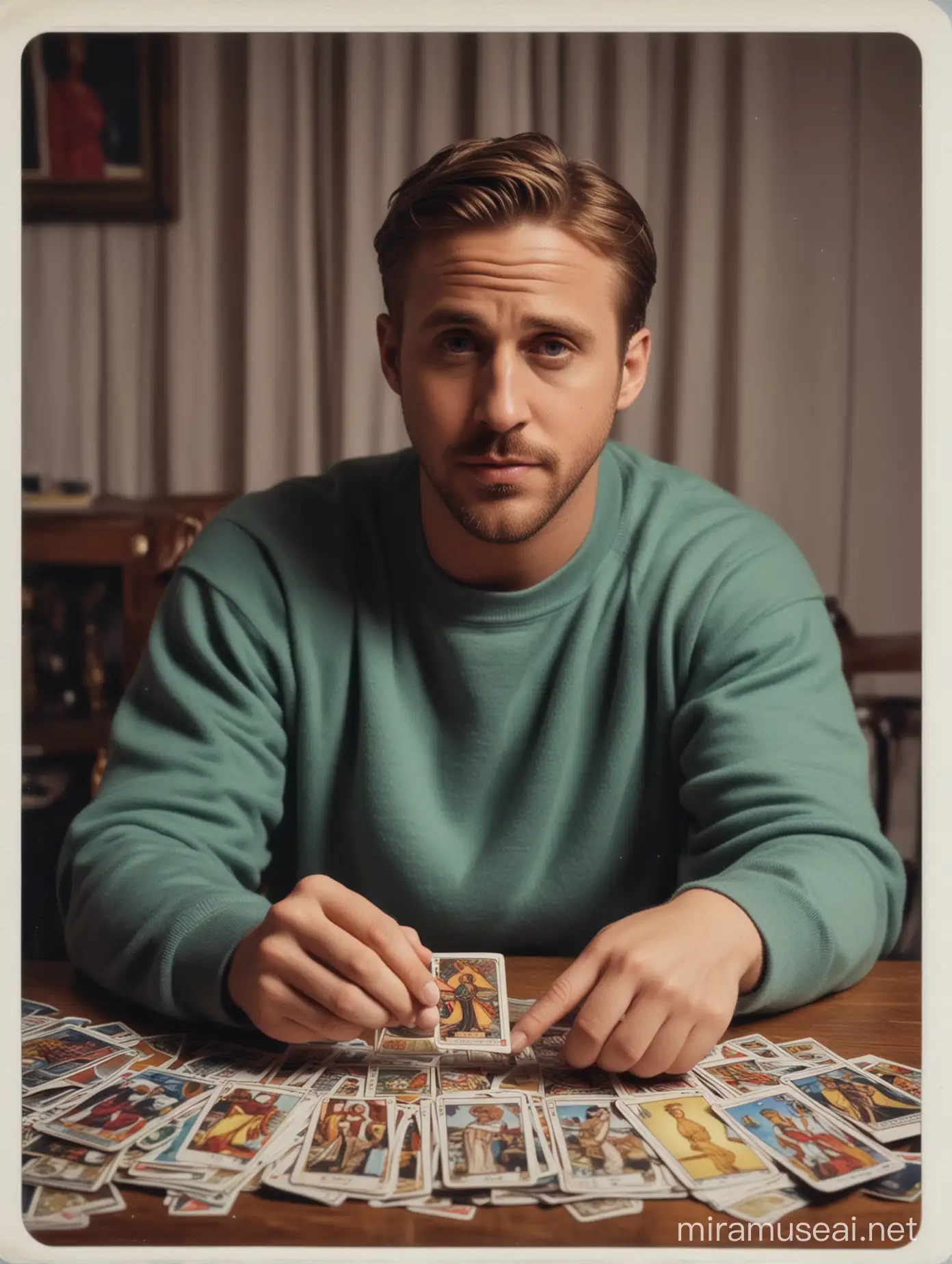 Ryan Gosling Reading Tarot Cards and Taking Polaroid Picture