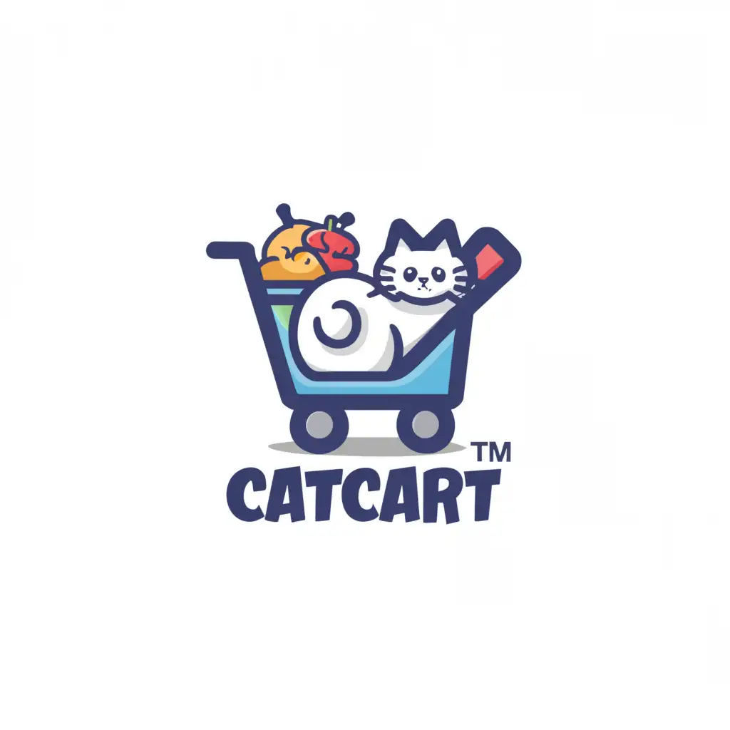 a logo design, main symbol: a cat and a shopping cart, moderate complexity, be used for an ecommerce store selling cat products. Should be playful with no more than 2 colours. Make cat look happy