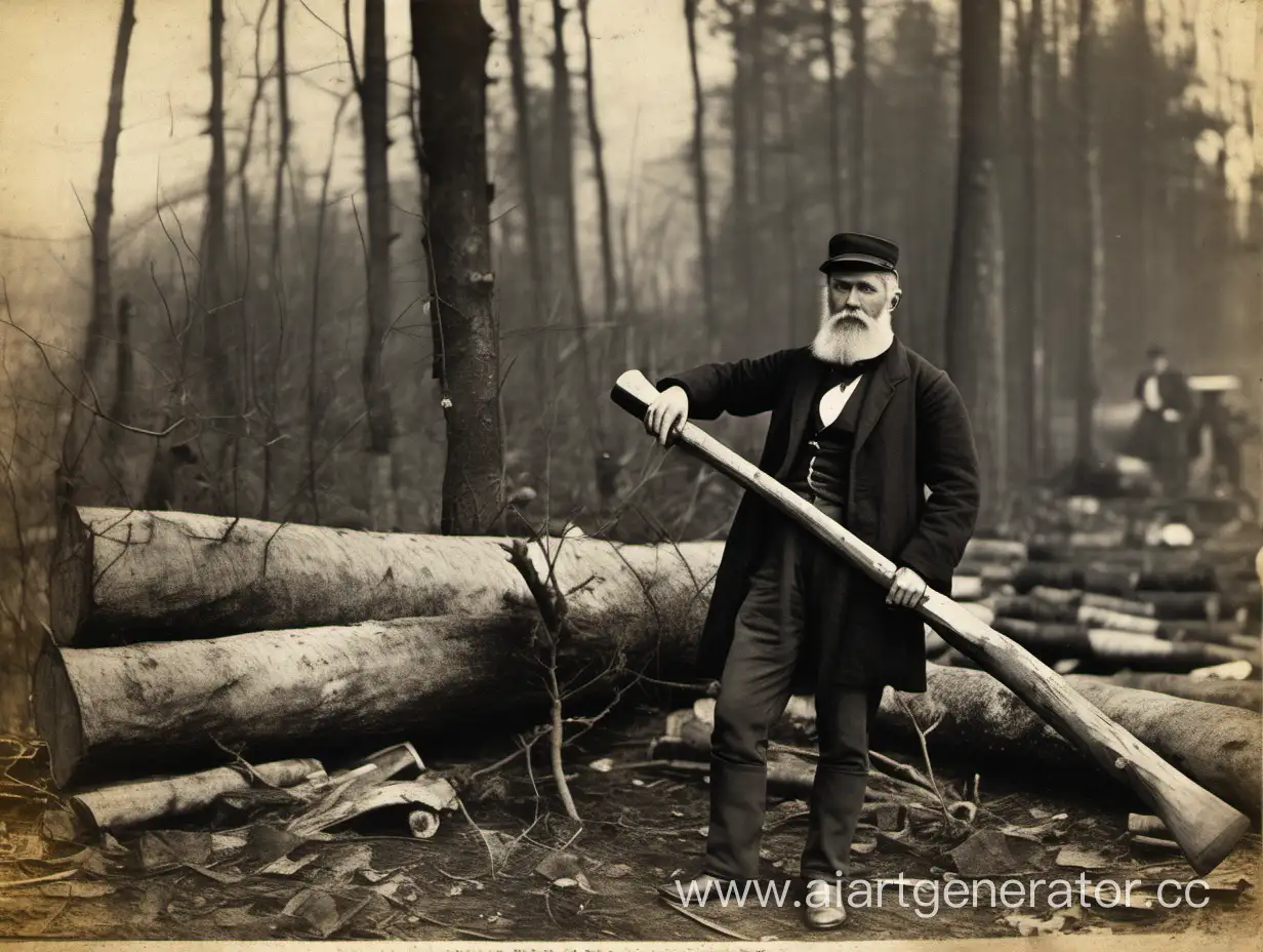 19th-Century-Lumberjack-Chopping-Giant-Tree-with-Steam-Locomotive-Background