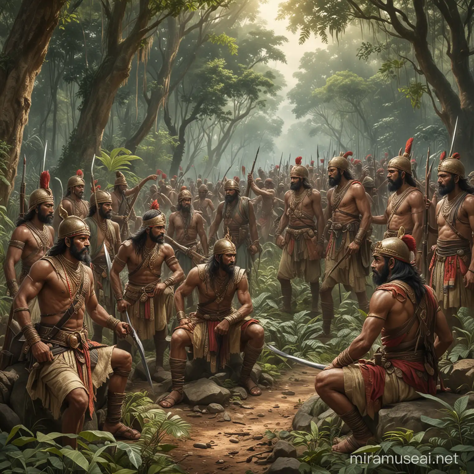 Pangeran Antasari, a fearless leader, strategizing with his Banjar warriors in a lush jungle setting, preparing to defend their homeland against the approaching Dutch forces, capturing the tension and determination of their resistance.