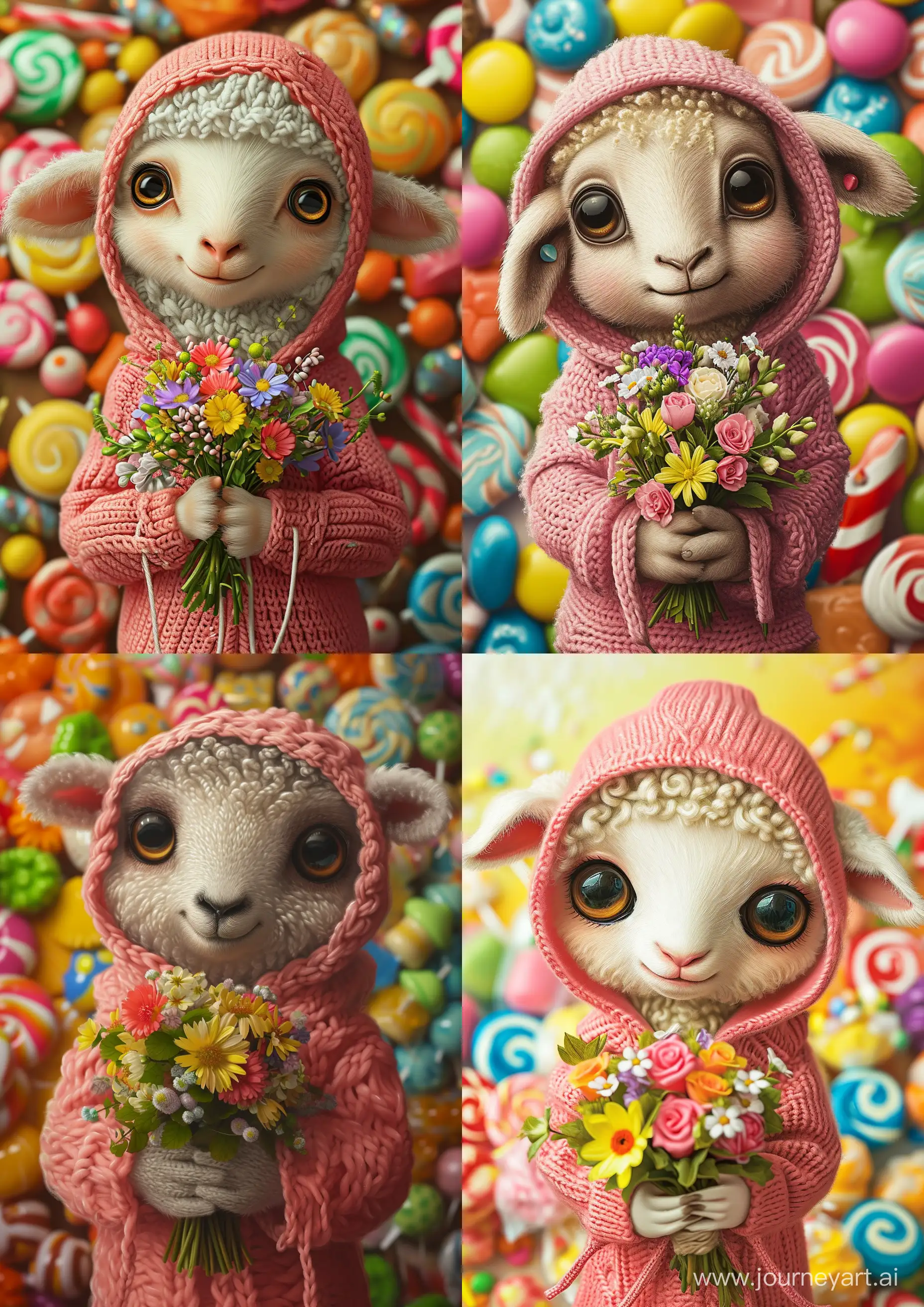 Sweet-Little-Sheep-with-Flower-Bouquet-in-Knitted-Pink-Hoodie
