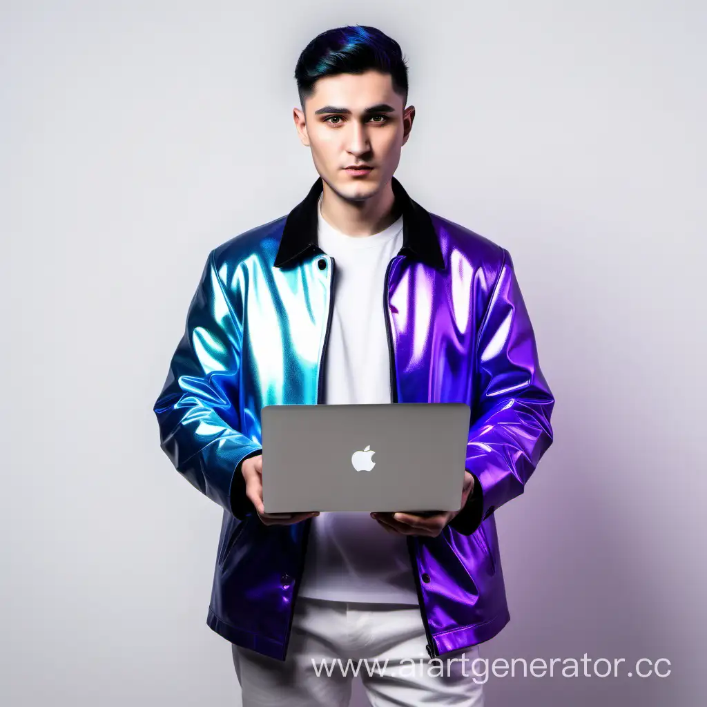 Башкир в современном пиджаке, перламутровый пиджак переливается градиентов с синего на фиолетовый, черные волосы, на одной руке держит MacBook, его окружает белый фон, пол белый