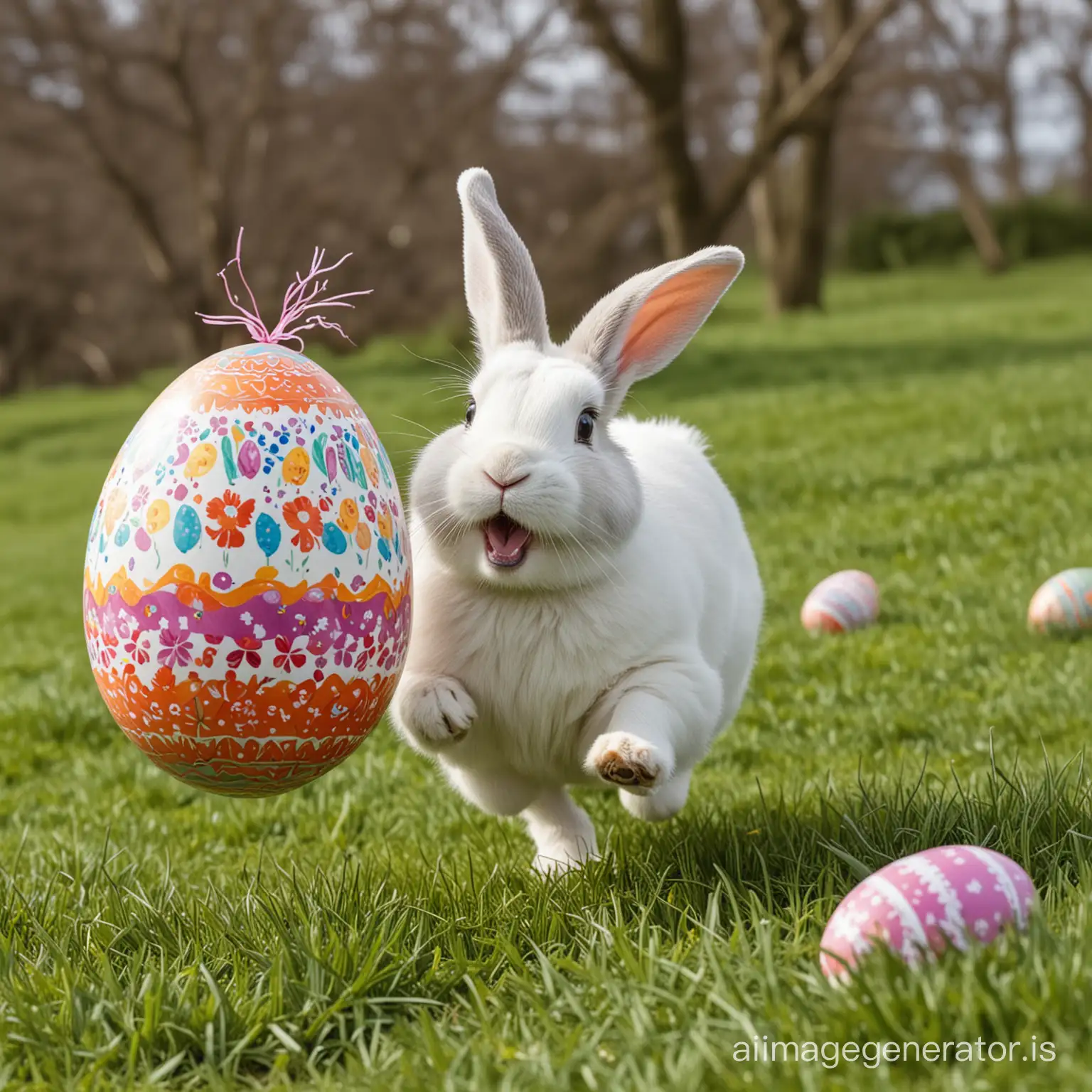 a happy bunny running with a big easter egg