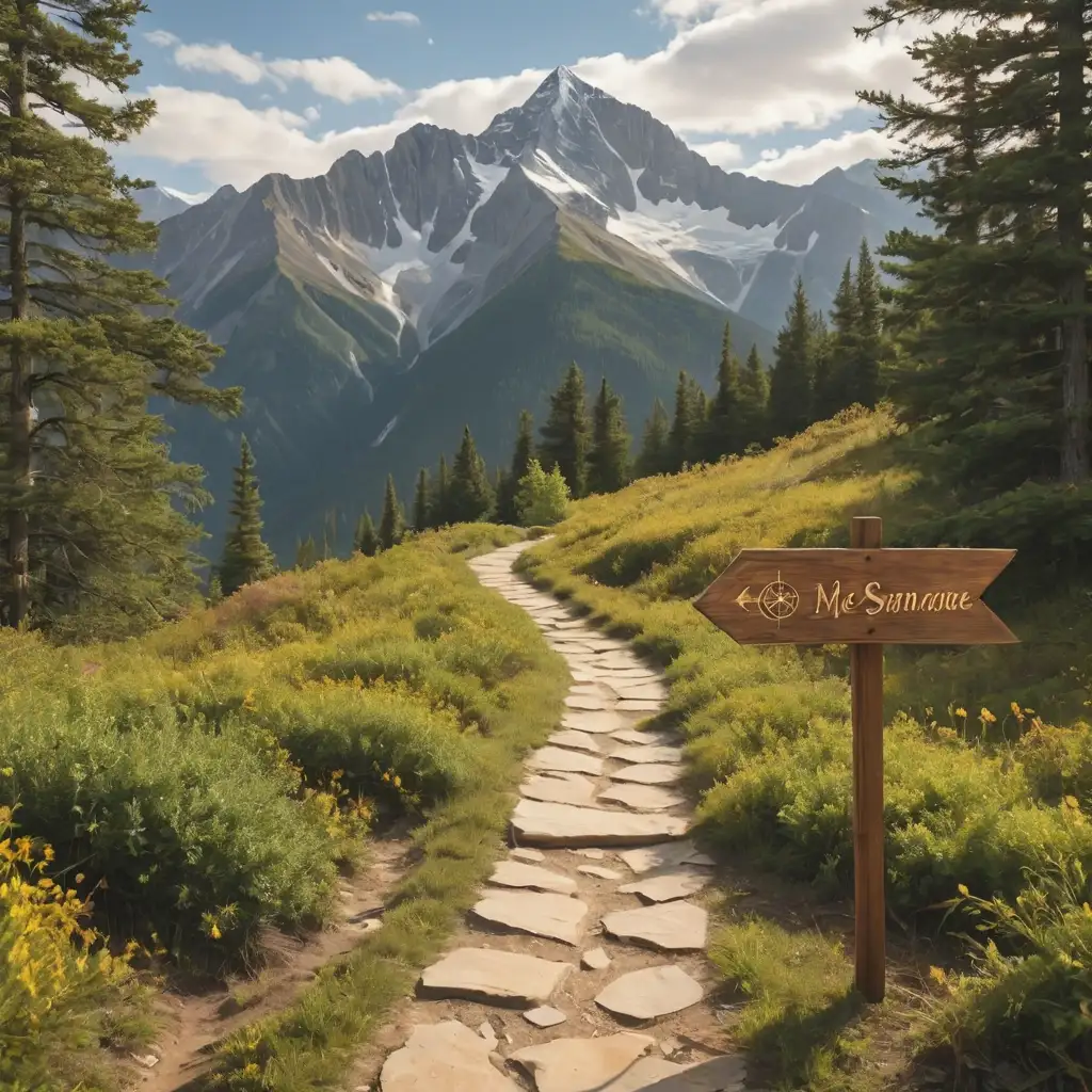 outline of a mountain range with a path winding to the mountain range, wood directional sign, hidden compass, hidden map