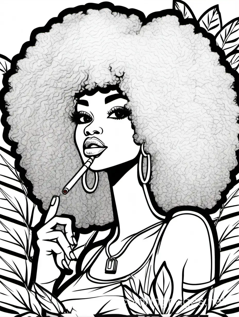 marijuana black barbie with afro smoking a blunt, Coloring Page, black and white, line art, white background, Simplicity, Ample White Space. The background of the coloring page is plain white to make it easy for young children to color within the lines. The outlines of all the subjects are easy to distinguish, making it simple for kids to color without too much difficulty