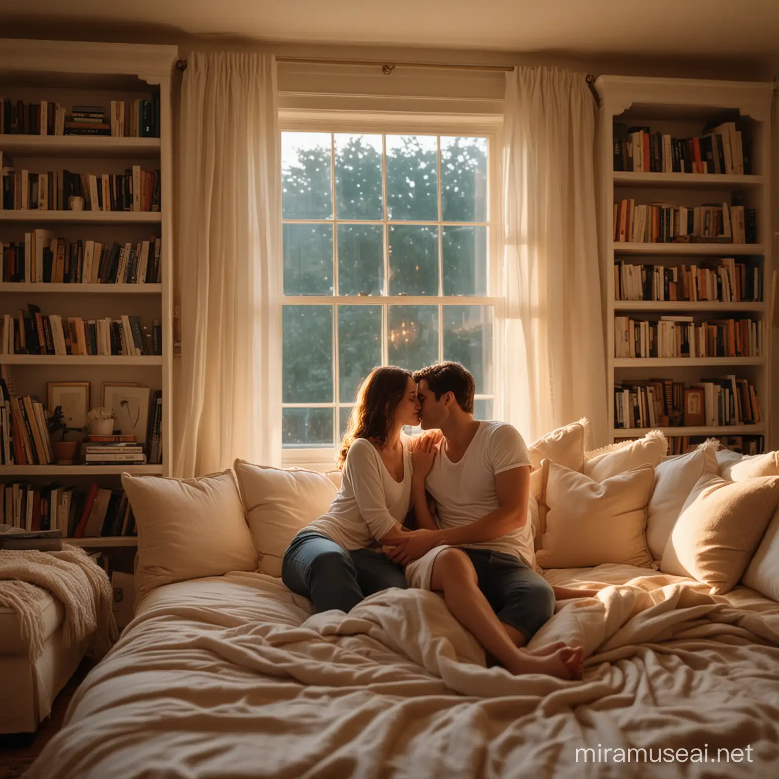 A photorealistic image capturing a tender and intimate moment between a loving couple. The scene is set in a cozy, warmly lit living room at dusk, with soft lights casting a gentle glow over the space. They are seated close together on a plush, oversized couch, surrounded by an array of soft pillows. The couple is engaged in a quiet, loving conversation, sharing a light, joyous laugh. Their affection for each other is evident in their close proximity and the way they gaze into each other's eyes, smiles gently playing on their lips. The room is tastefully decorated to reflect a comfortable, lived-in feel, with bookshelves filled with books, a soft, luxurious rug underfoot, and large windows that frame the setting sun. The atmosphere is one of warmth, love, and comfort, inviting the viewer into this moment of shared affection and connection.