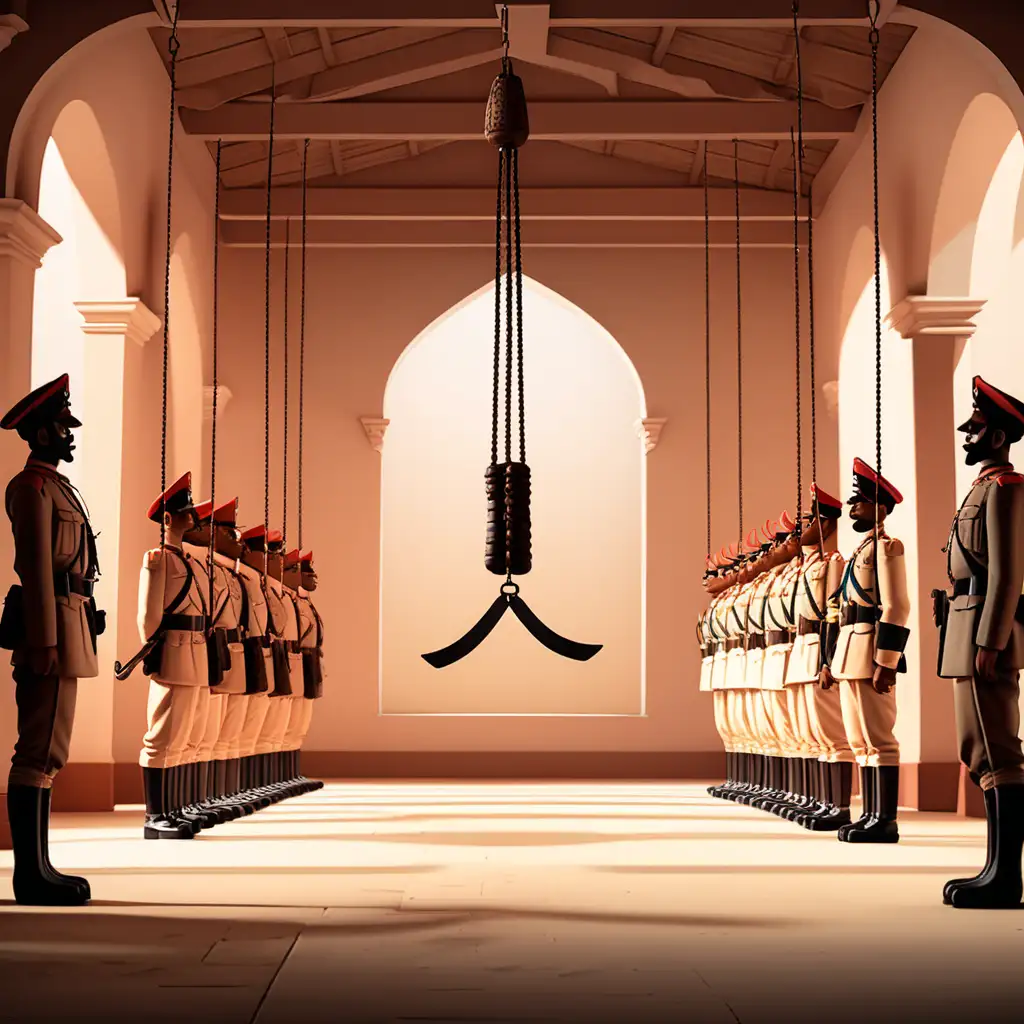 Create a 3D illustrator of an animated vintage scene of a punishment hall with Indian soldiers standing on both sides of the hanging place. Beautiful spirited background illustrations.