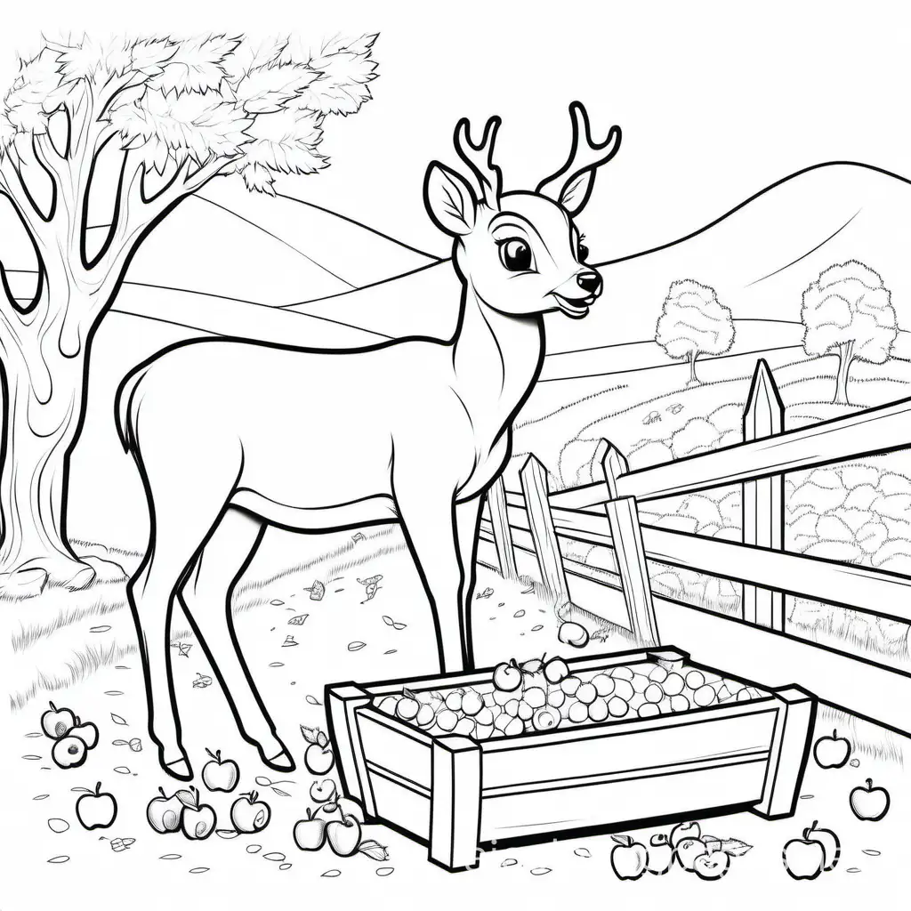 deer eating oats and apples from a feeding trough , Coloring Page, black and white, line art, white background, Simplicity, Ample White Space. The background of the coloring page is plain white to make it easy for young children to color within the lines. The outlines of all the subjects are easy to distinguish, making it simple for kids to color without too much difficulty, Coloring Page, black and white, line art, white background, Simplicity, Ample White Space. The background of the coloring page is plain white to make it easy for young children to color within the lines. The outlines of all the subjects are easy to distinguish, making it simple for kids to color without too much difficulty