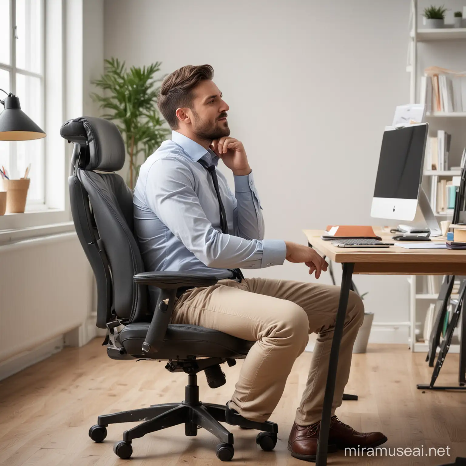 Man sits in office chair at desk in design studio, and is in pain due to sore backside 