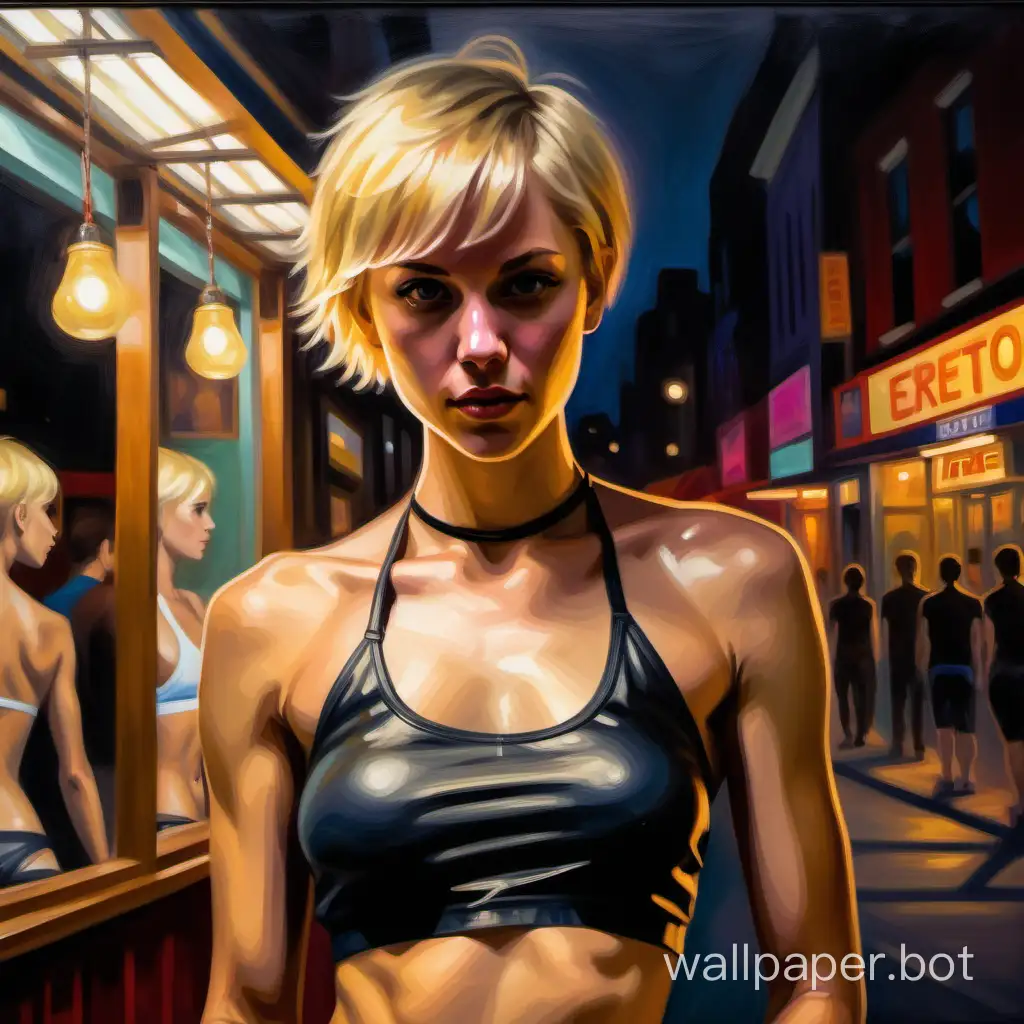 An oil-painted portrait of a pretty, slim, petite, young blonde lesbian with short hair and a boyish fringe. She wears a cutoff, High-necked halter top and little panties in a women's Emporium of Erotica at night. She has a toned, muscular, sporty physique. A dimly lit scene with the aesthetic of a fine art oil painting. Soft lighting