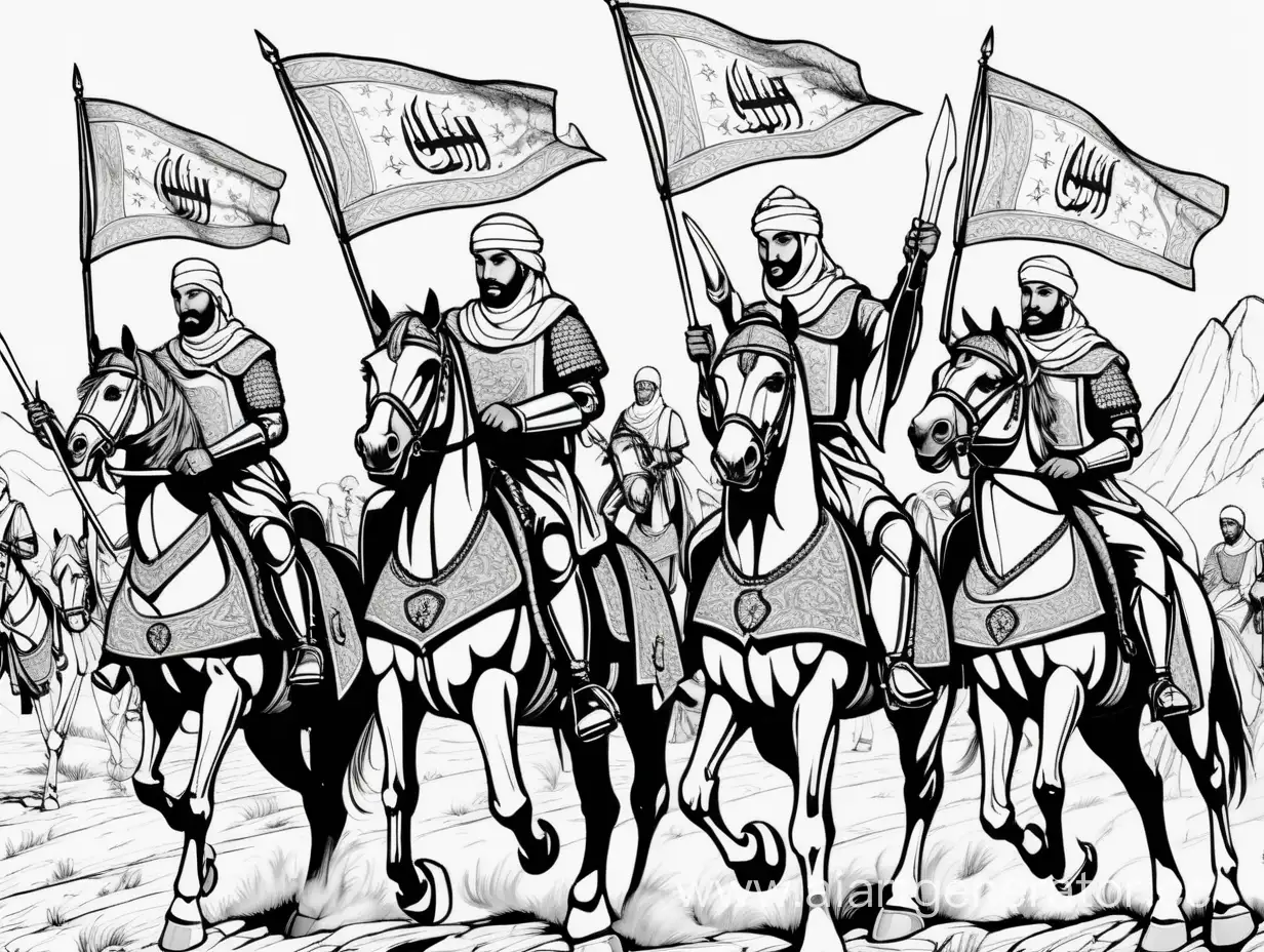 a group of muslims knights riding their horses and raising their swords and flags full detailed all design in the middle - black and white stroked outline art