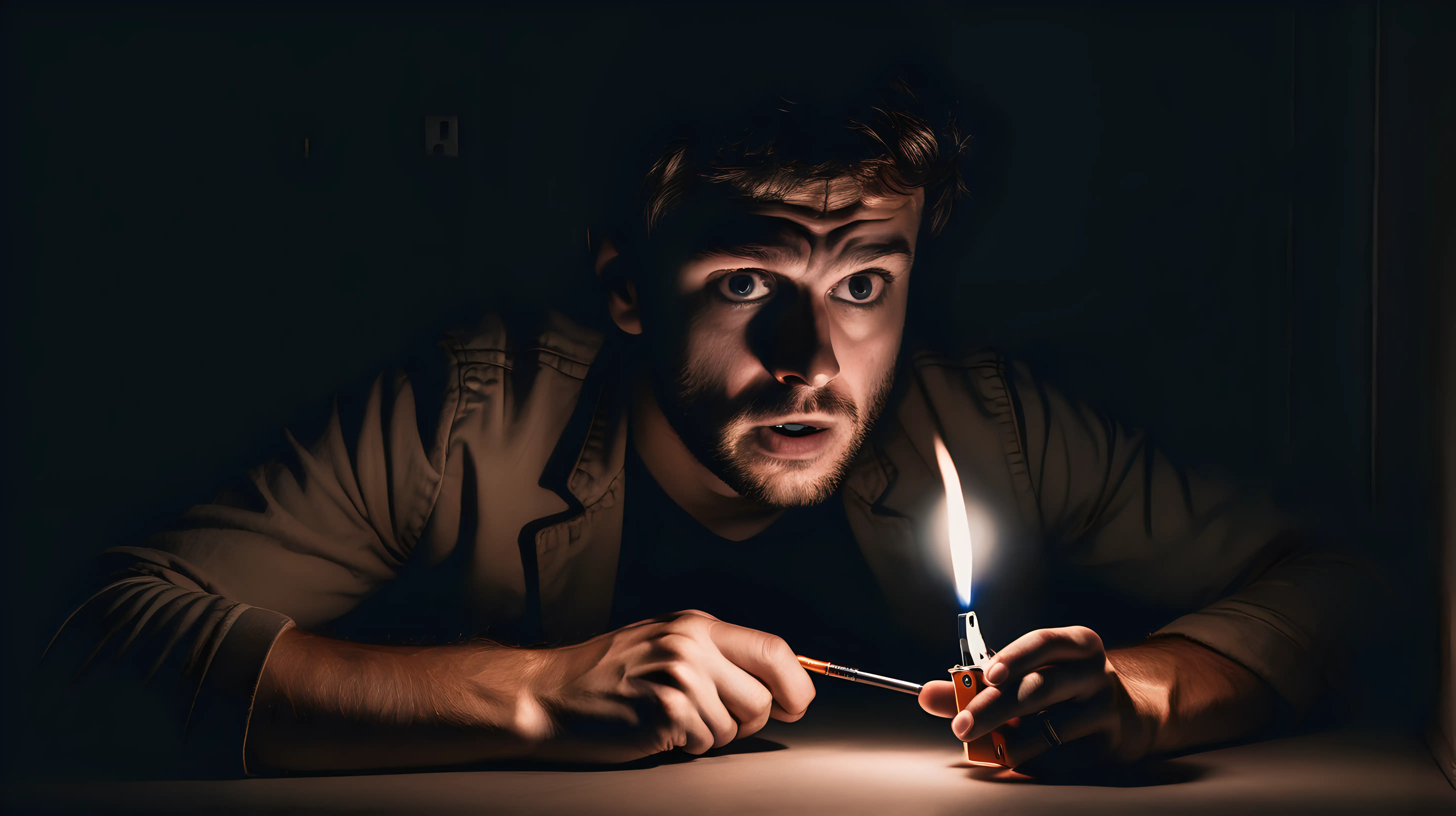 scared lying man in complete darkness touching lighter