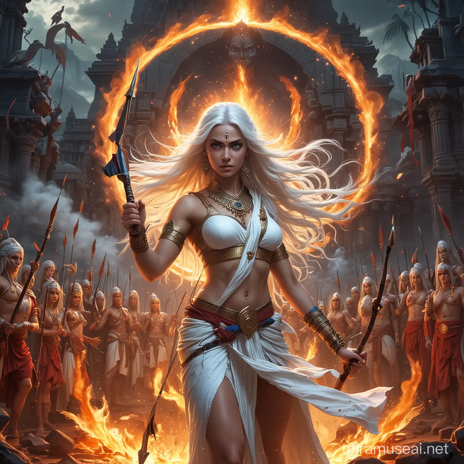 Powerful Hindu Empress Surrounded by Fire and Cosmic Energy in Battle