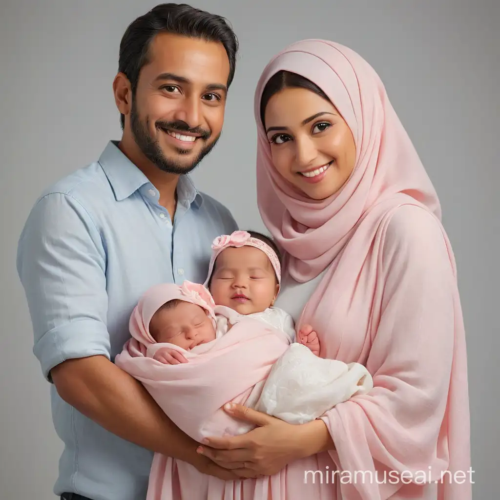 generate a family portrait ( a husband , wife and their new born baby girl) featuring a newly born baby girl cradled in her mother's arms. The mother is wearing a pink hijab and white long flowing dress, gently looking down at her daughter with a warm smile. Beside her stands the father, dressed up in  a crisp white shirt and blue jeans , his smile radiating happiness as he looks upon his wife and new born daughter. new born wrapped in  a soft pink cloth