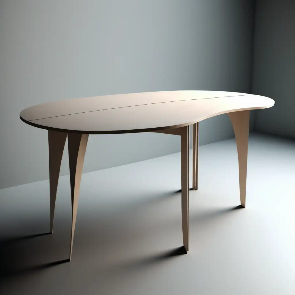 Kitchen table in an oblong shape with curvy legs. One half can fold down lengthwise. Concept idea