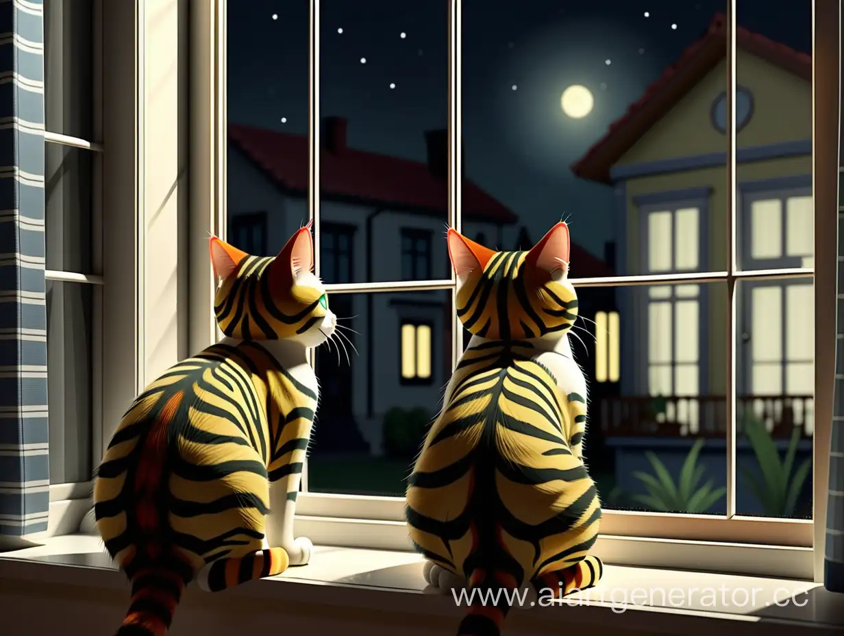 Striped-Cat-and-Offline-Sign-Gazing-Out-Window-at-Night