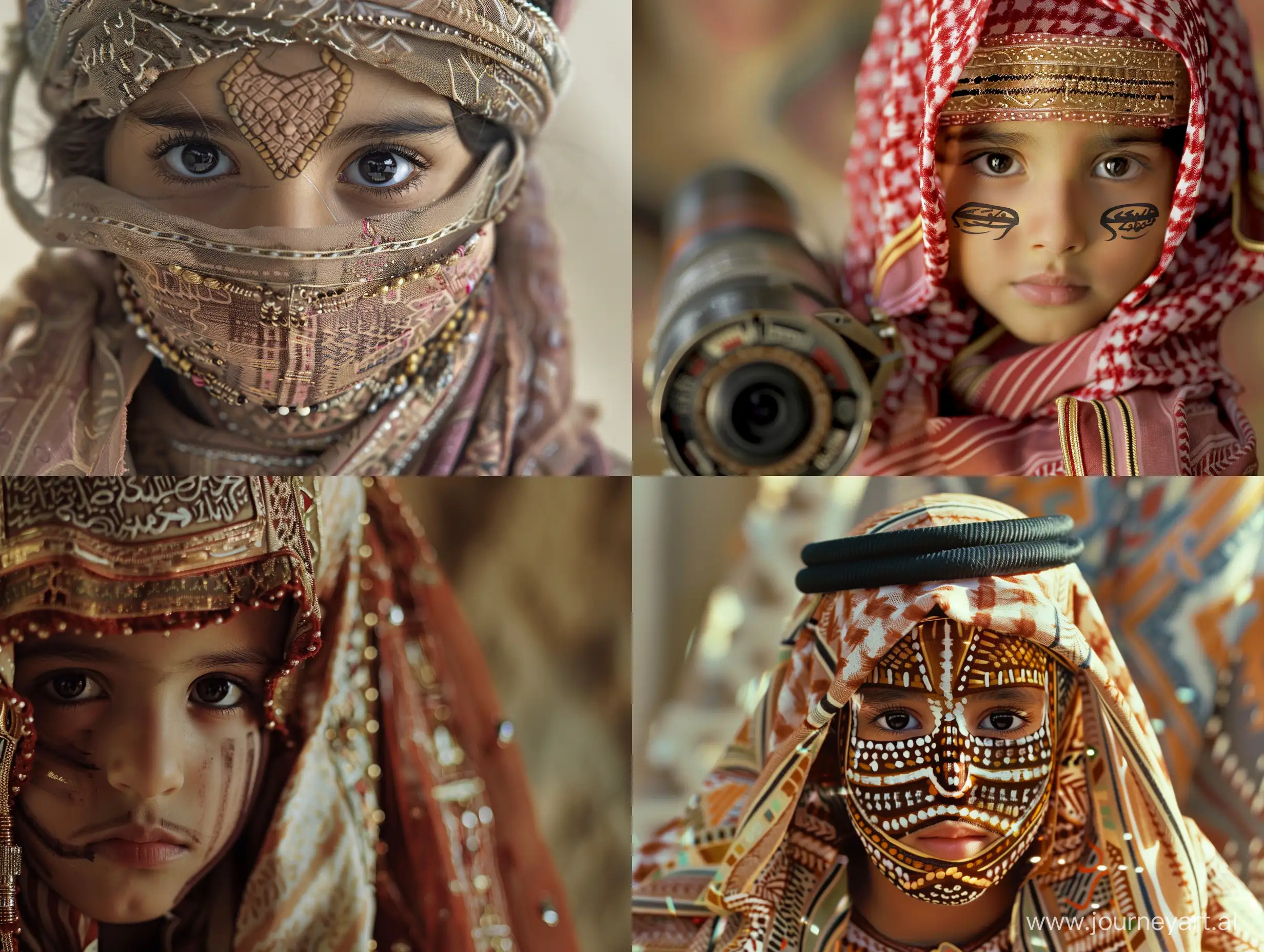 An opening photo of a Saudi child wearing an ancient traditional Saudi costume, with her face drawn, professional cinematography, shallow depth of field, subject in focus, professional color grading, precise dynamic movement, movie film, professional movie camera