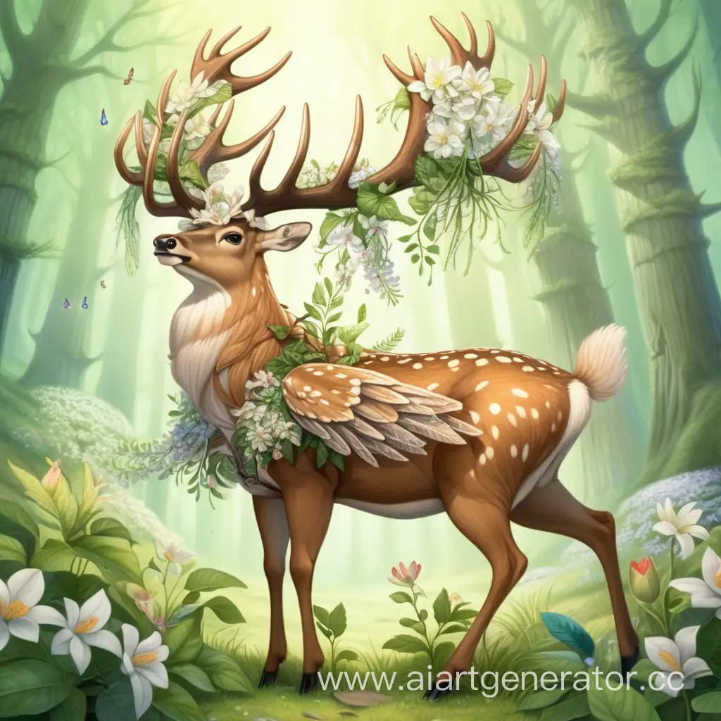 Majestic-Antlered-Deer-with-Wings-Amidst-Lush-Flora