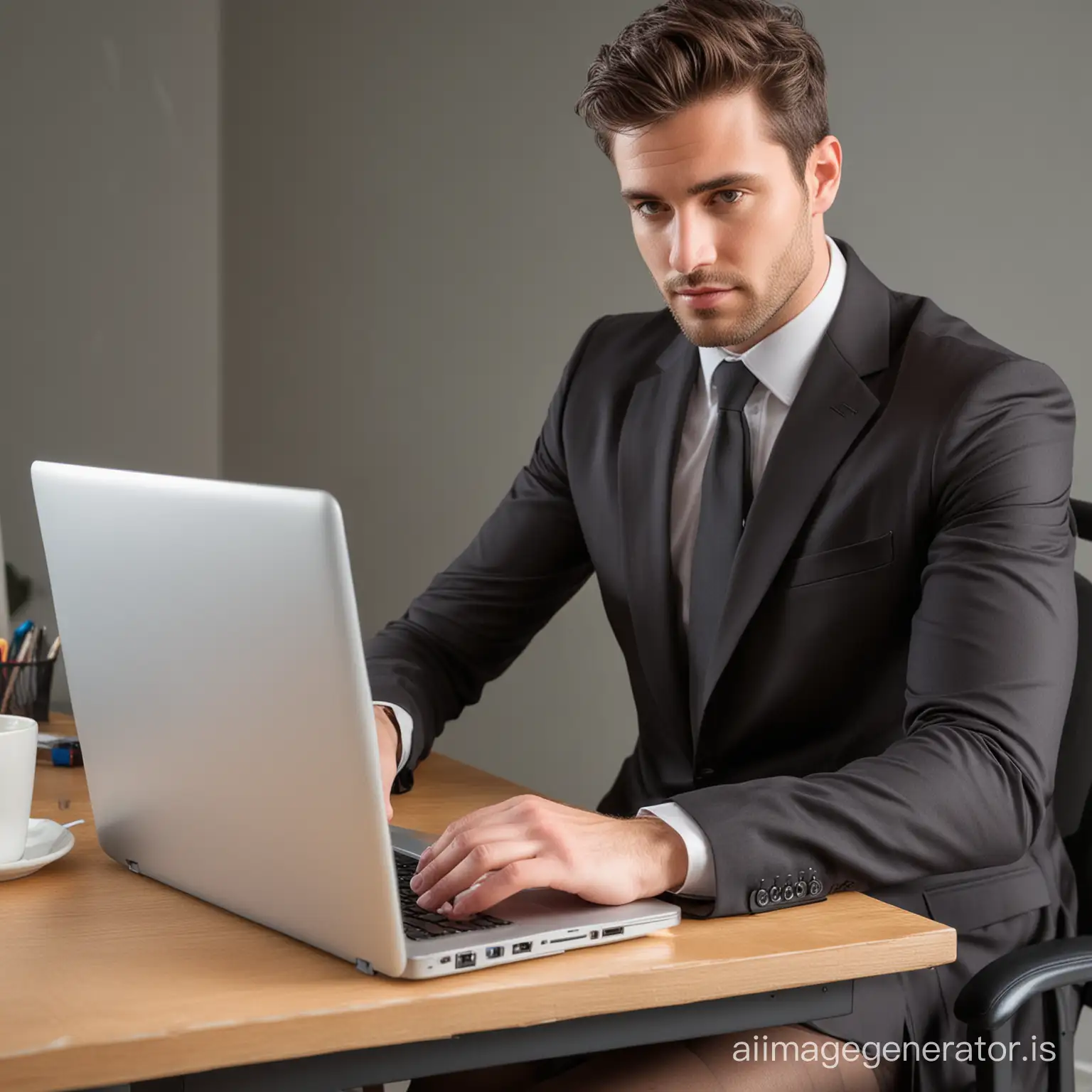 sturdy rugged 28-year old business man wearing sheer tights and working on his laptop at his desk