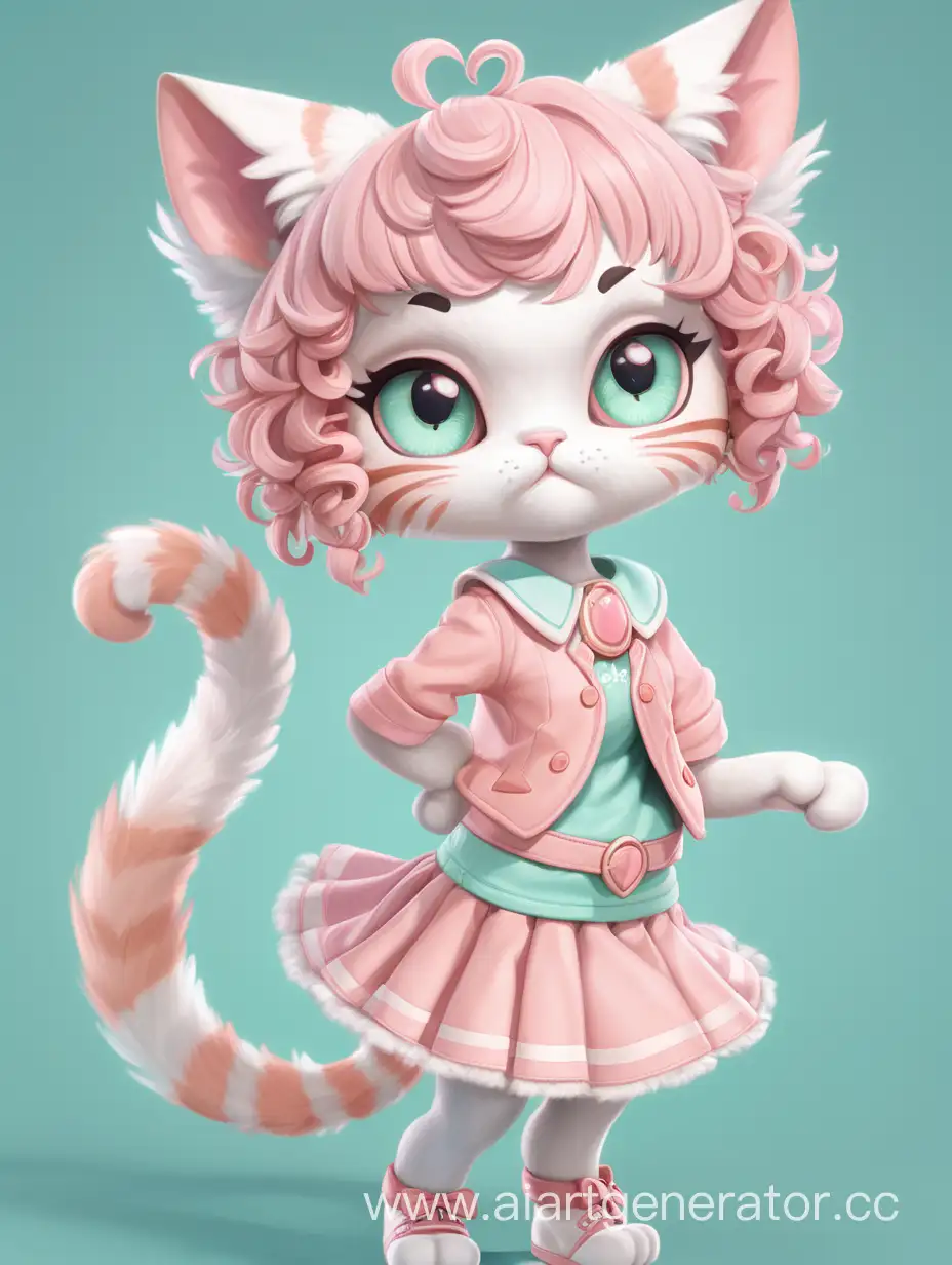 создай персонажа в виде антропоморфной кошки с милым дизайном, розовый белый, персиковый, мятный, кудрявые волосы, короткая юбка, пышный хвост, большие глаза
