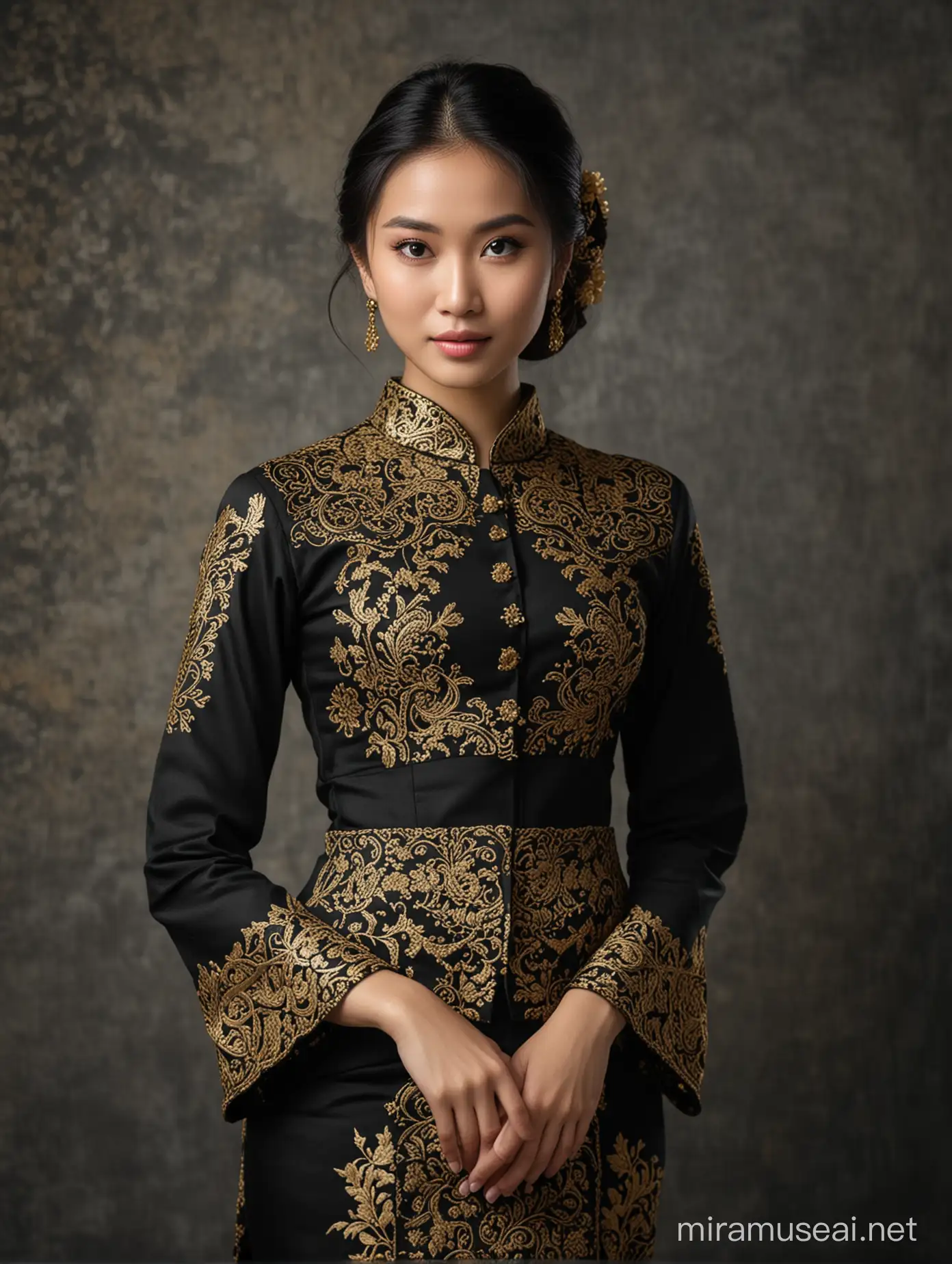 Classic photo , front view, of a half body picture of a beautiful girl, posing elegantly black kebaya with gold embroidery and Javanese batik skirt, resemble to KARTINI. the background is greystone dark,cinematic lighting,Bokeh.
