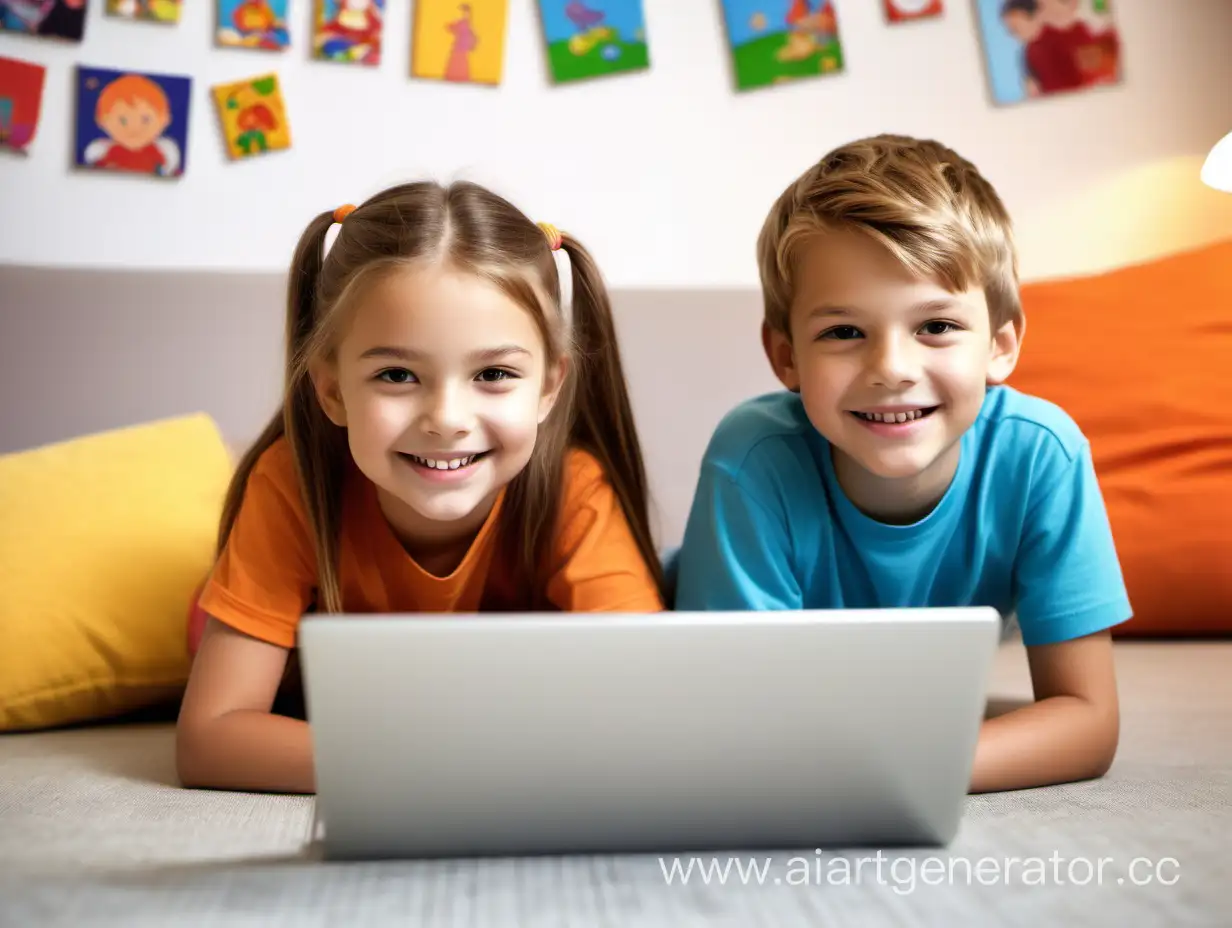 Children-Smiling-at-Social-Media-Icons-on-Computer-Screen-in-Cozy-Room