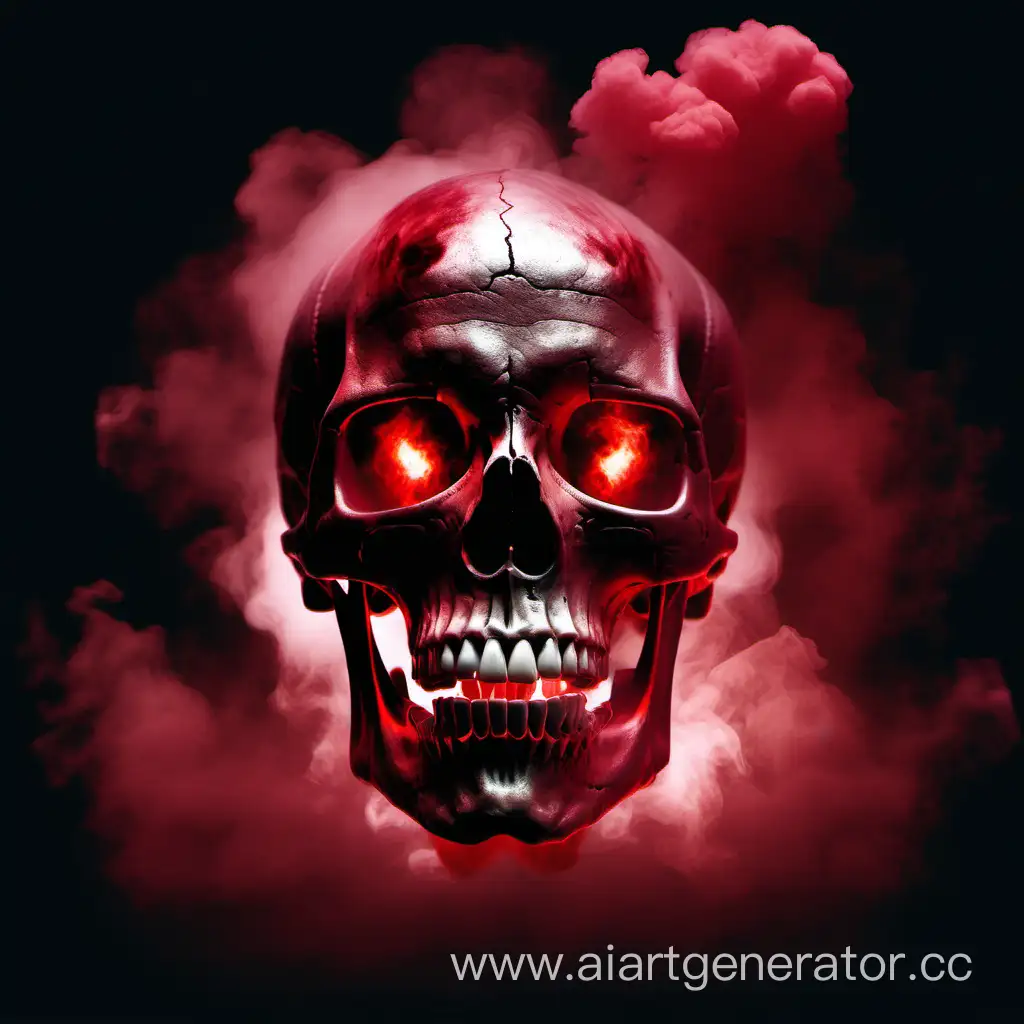 Человеческий череп с красными глазами точками в глазницах и окружённый бордовым дымом на темном фоне