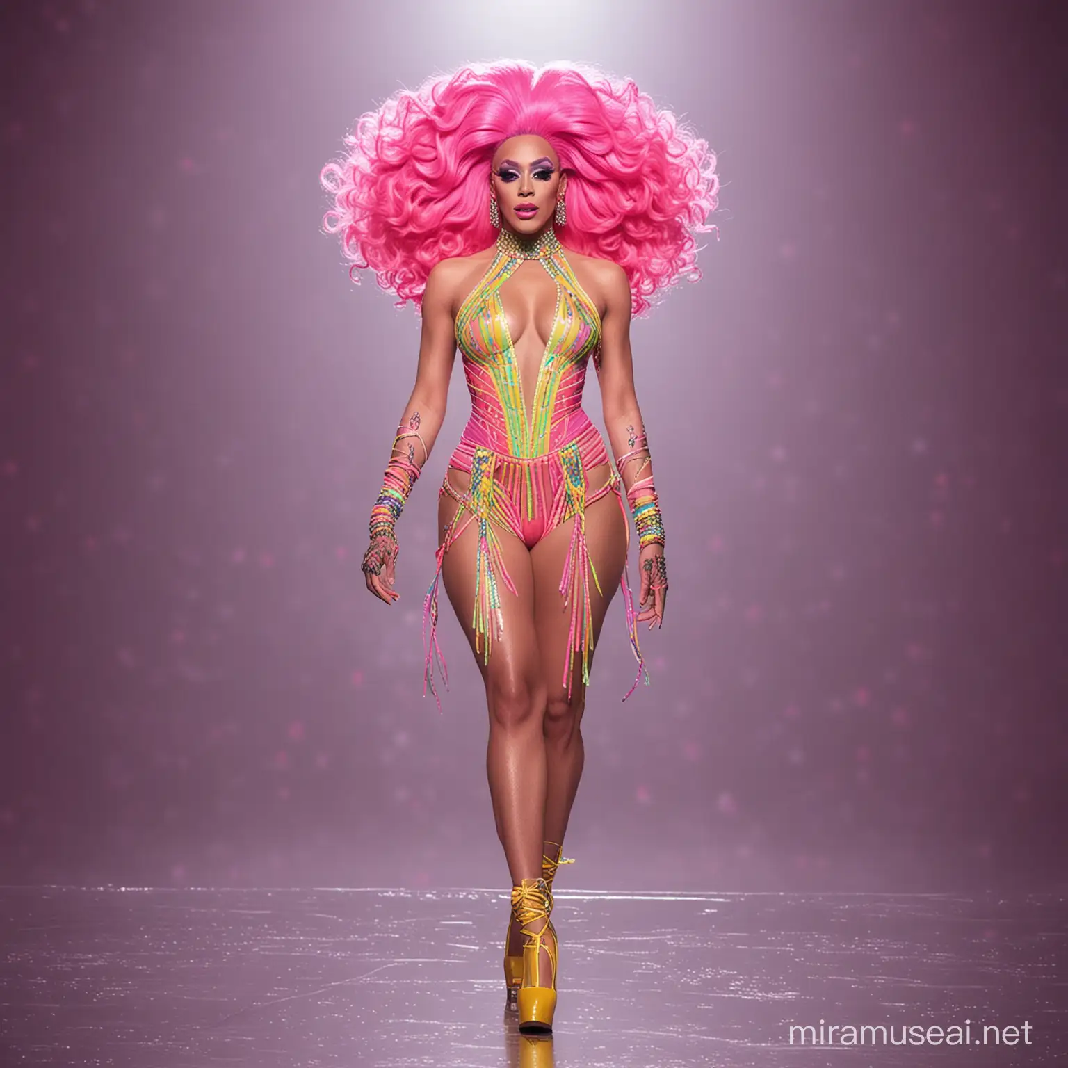 a full body image of a skinny brazilian neon drag queen walking on the Rupaul's Drag race runway wearing an outfit inspired by the prompt: hidden identity. her face is hidden by her outfit