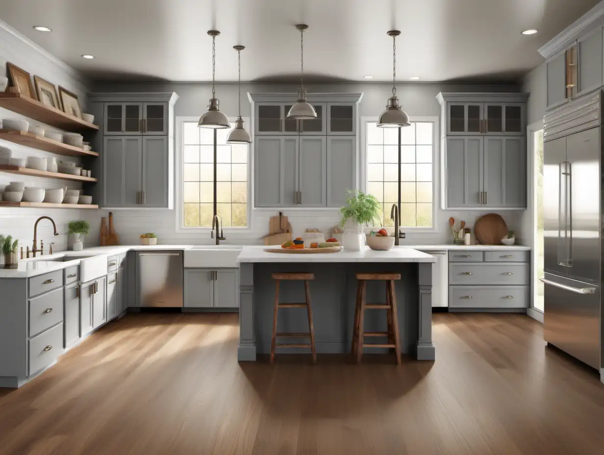 KITCHEN WITH CABINETS IN THE SHWERWIN WILLIAMS PAINT COLOR GRAYISH WITH WARM WOOD FLOORS, FARMHOUSE STYLE, HYPERREALISTIC8K, BRIGHT NATURAL LIGHT