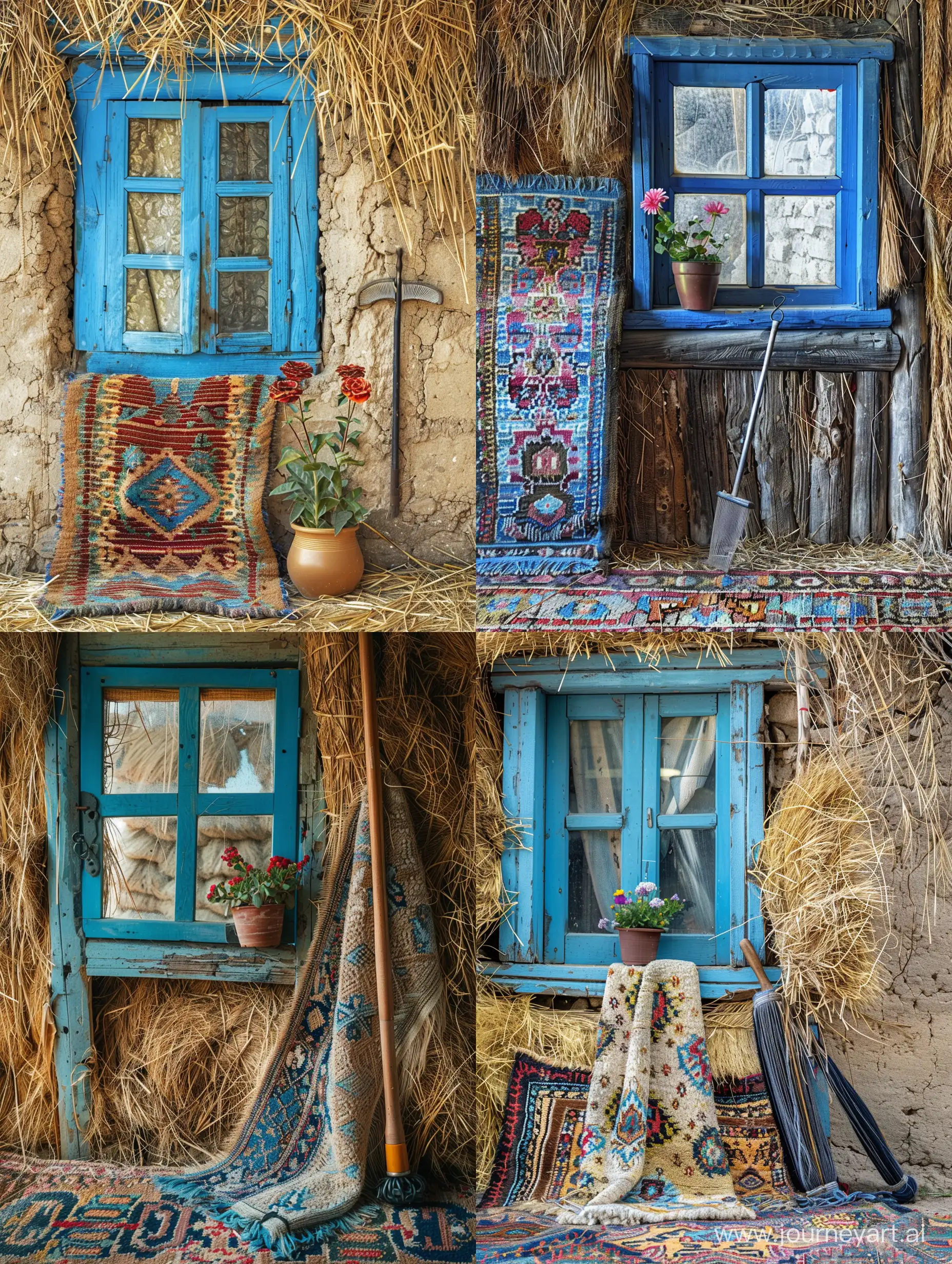 Old and traditional Iranian carpet that is half woven on the carpet and leaning against the old wall of straw, where a blue wooden window with glass can be seen, on the window sill of which there is a flower pot, the carpet weaving tool is also in the picture. It is the highest quality  / ar 9:16