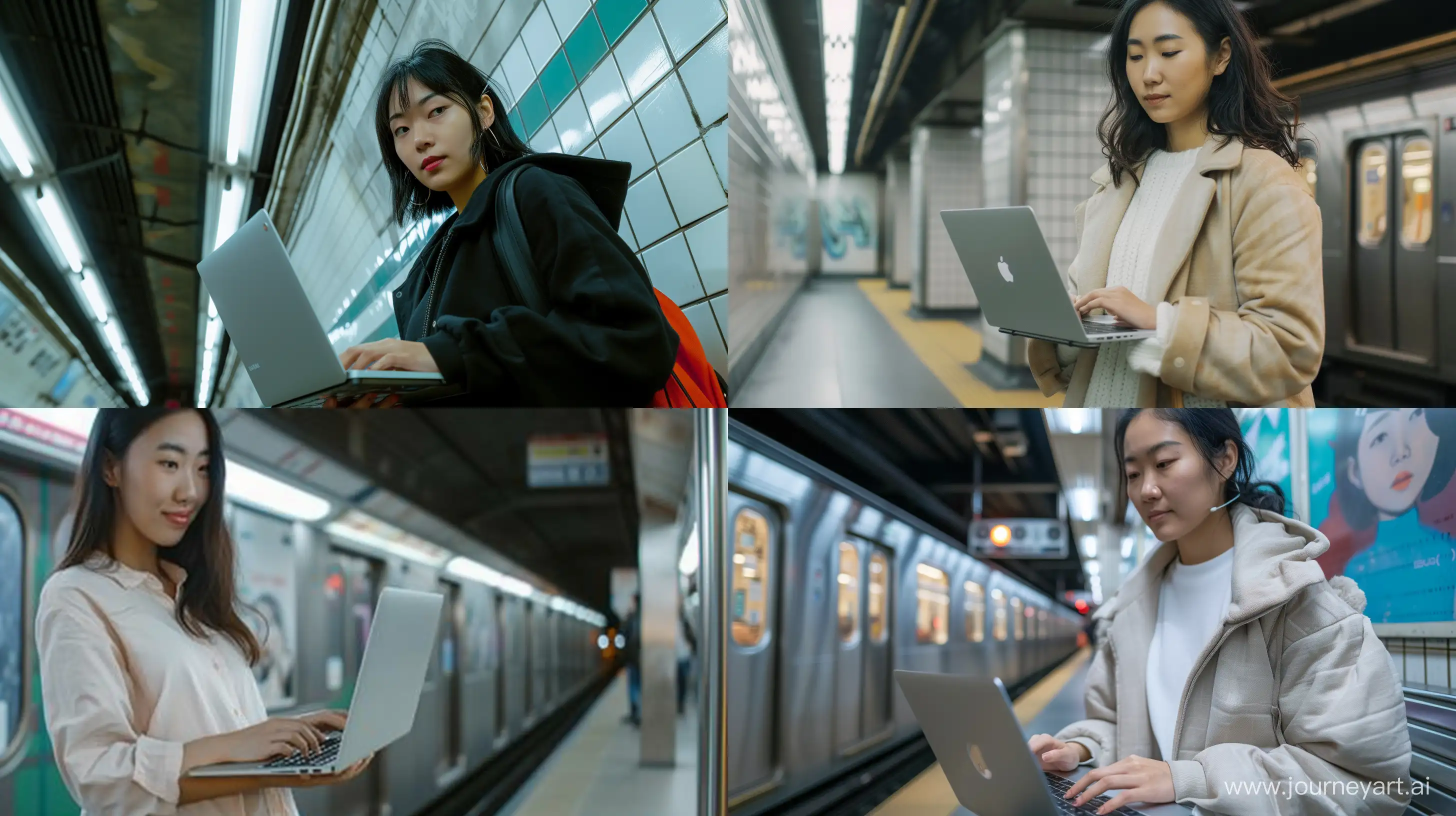 an asian woman hacker with laptop in subway, 90s style --ar 16:9 --v 6.0