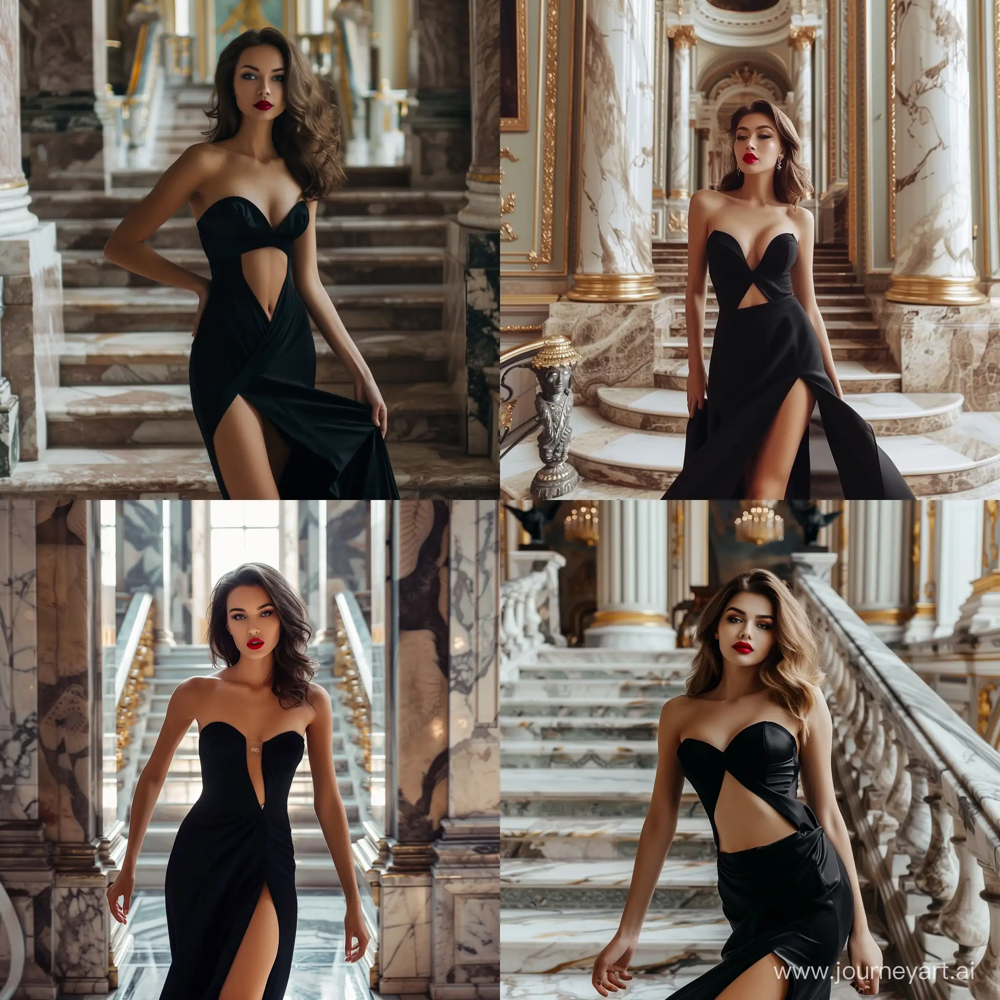 ((hour glass physique)), brunette model that dose not exist in real life, walking down a marble staircase, cherry lips, Saint Petersburg opera, black dress with slit, Pinterest