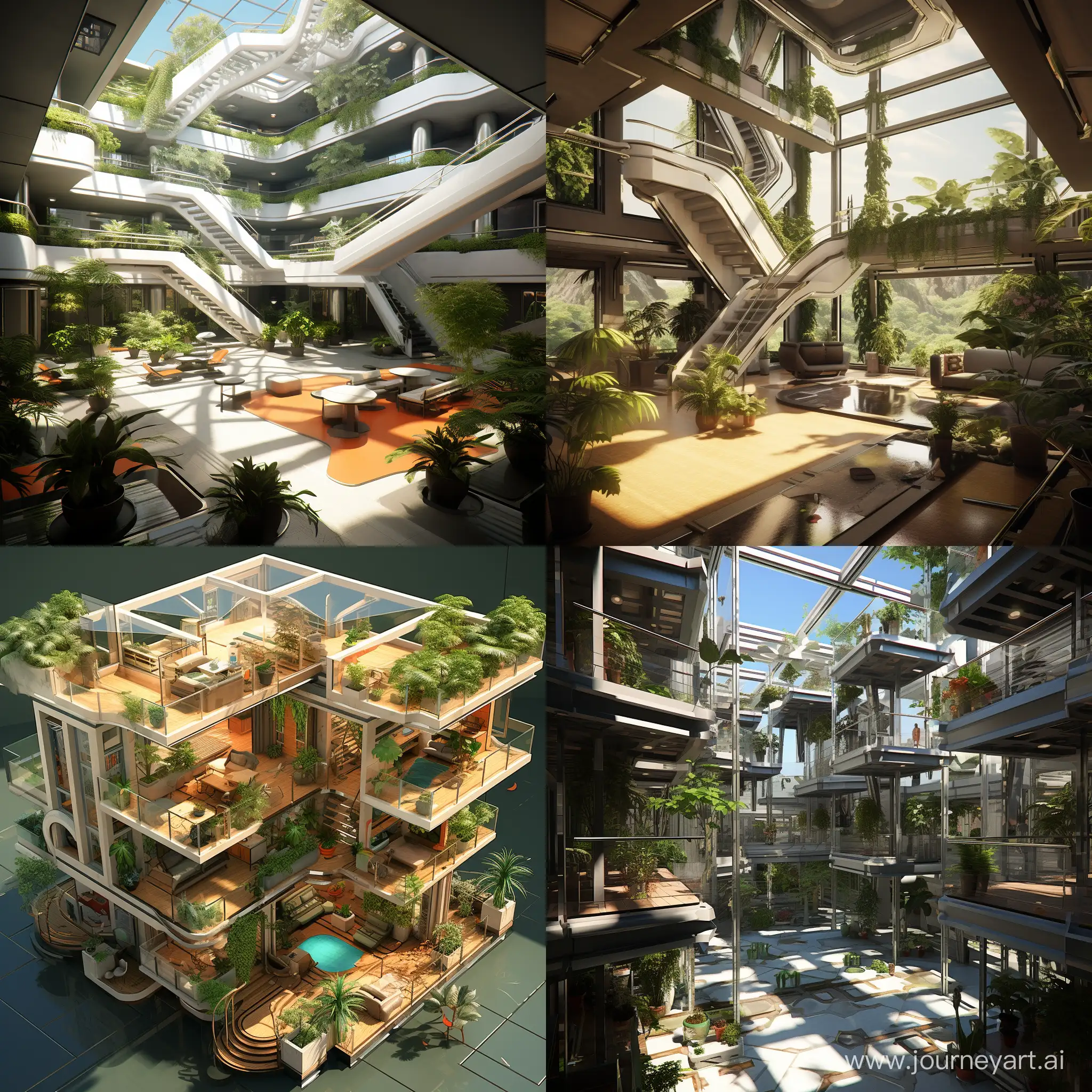 make a 4 floor small building with atrium open to sky and the atrium is connected with outside through high glass windows, atrium consists of lots of plants unique design with different level slab coming out of each floor with plants vertical and horizontal  a furturistic design with beams on each floor