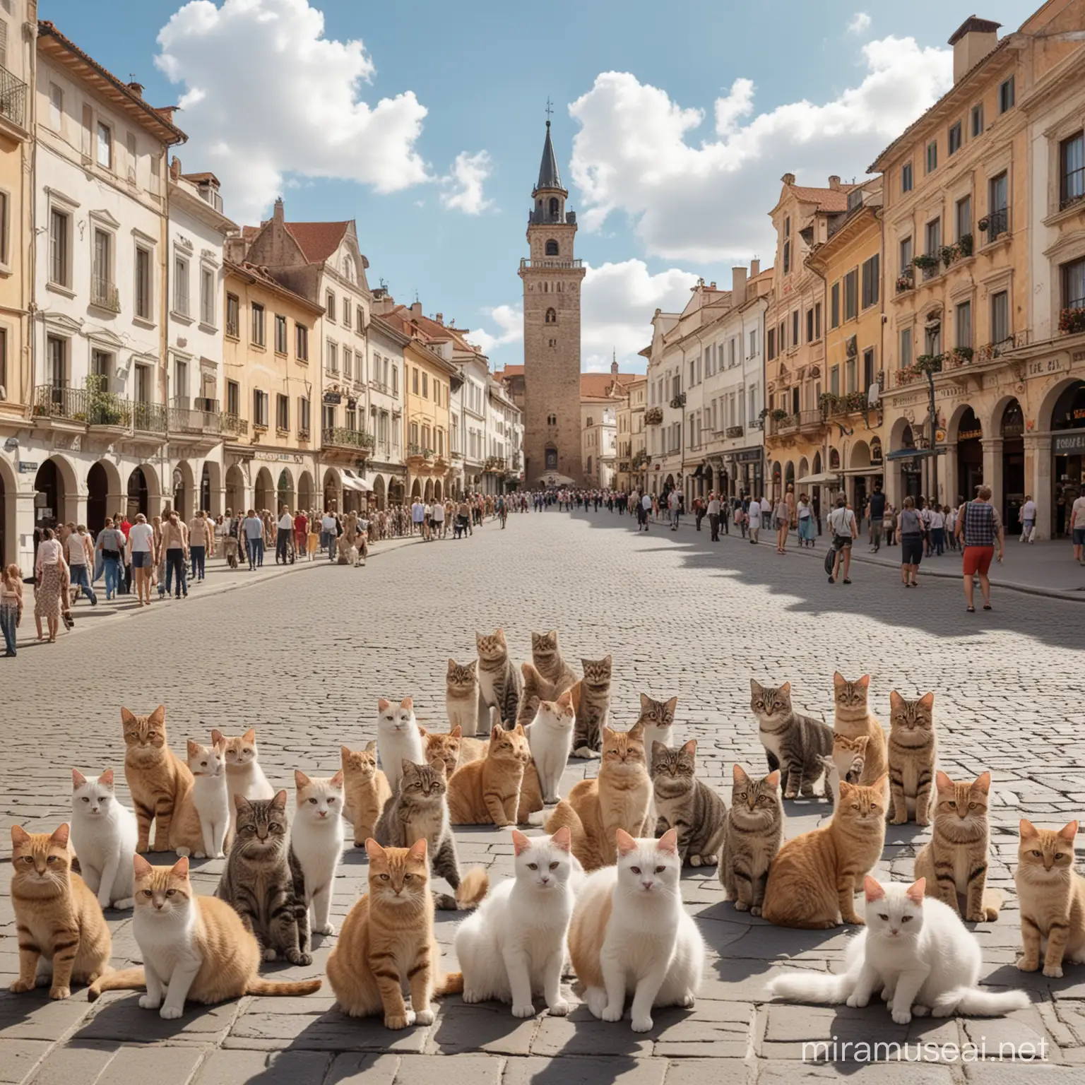 create a tourist picture from the town square of a country with lots of cats