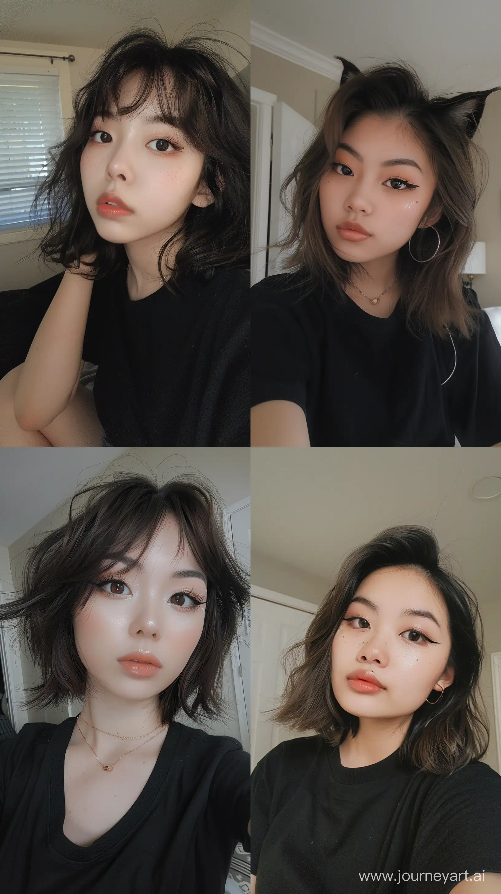 a selfie of asian girl with wide set eyes, medium wolfcut hair, black shirt, aestethic make up --ar 9:16