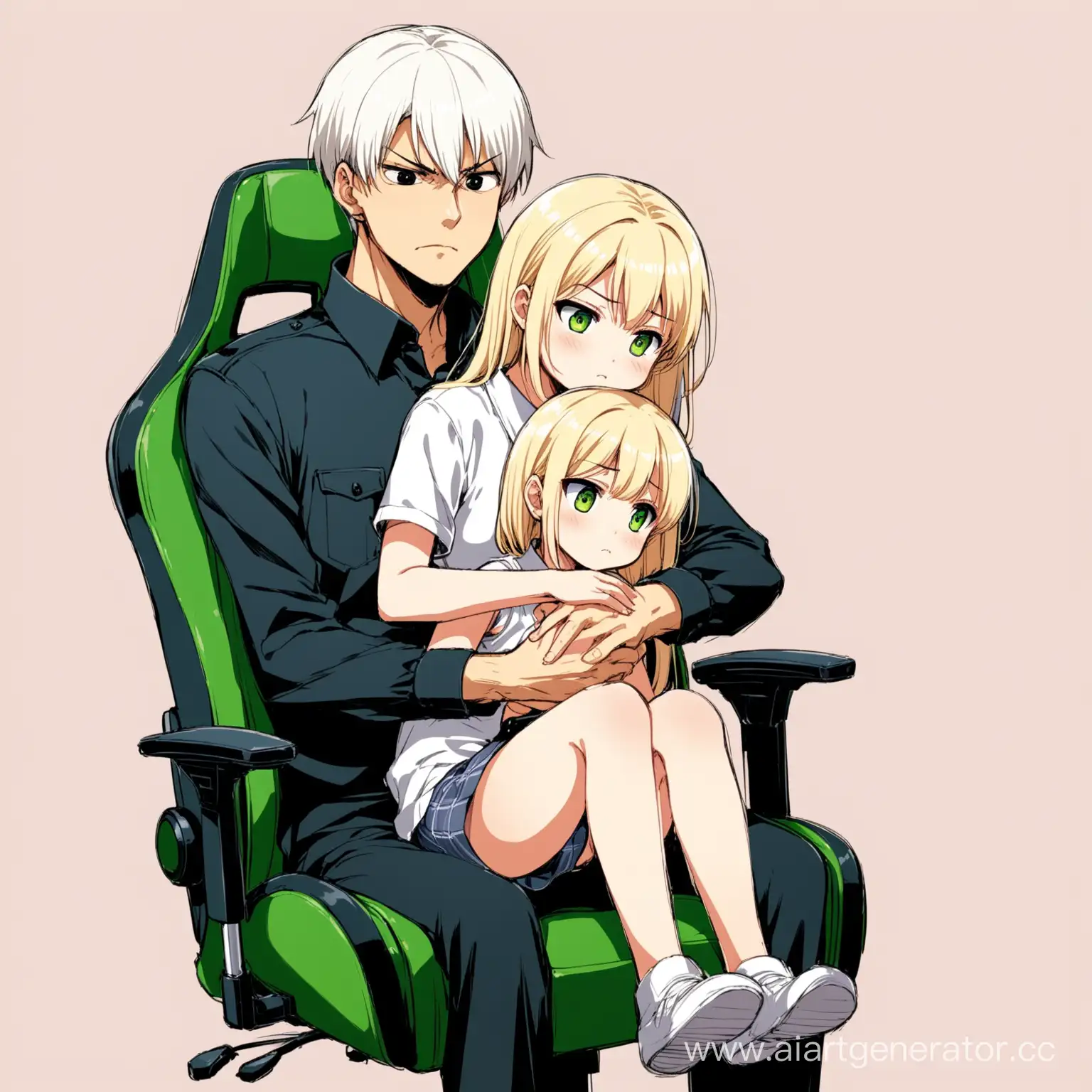 a guy with short white hair and black eyes, he is sitting at a computer in a gaming chair and playing a shooter, his face is unhappy, and a short girl with long straight blond hair and green eyes is sitting on his lap, sitting on his lap, and her legs were hanging off the chair from behind, she looks embarrassed, anime style