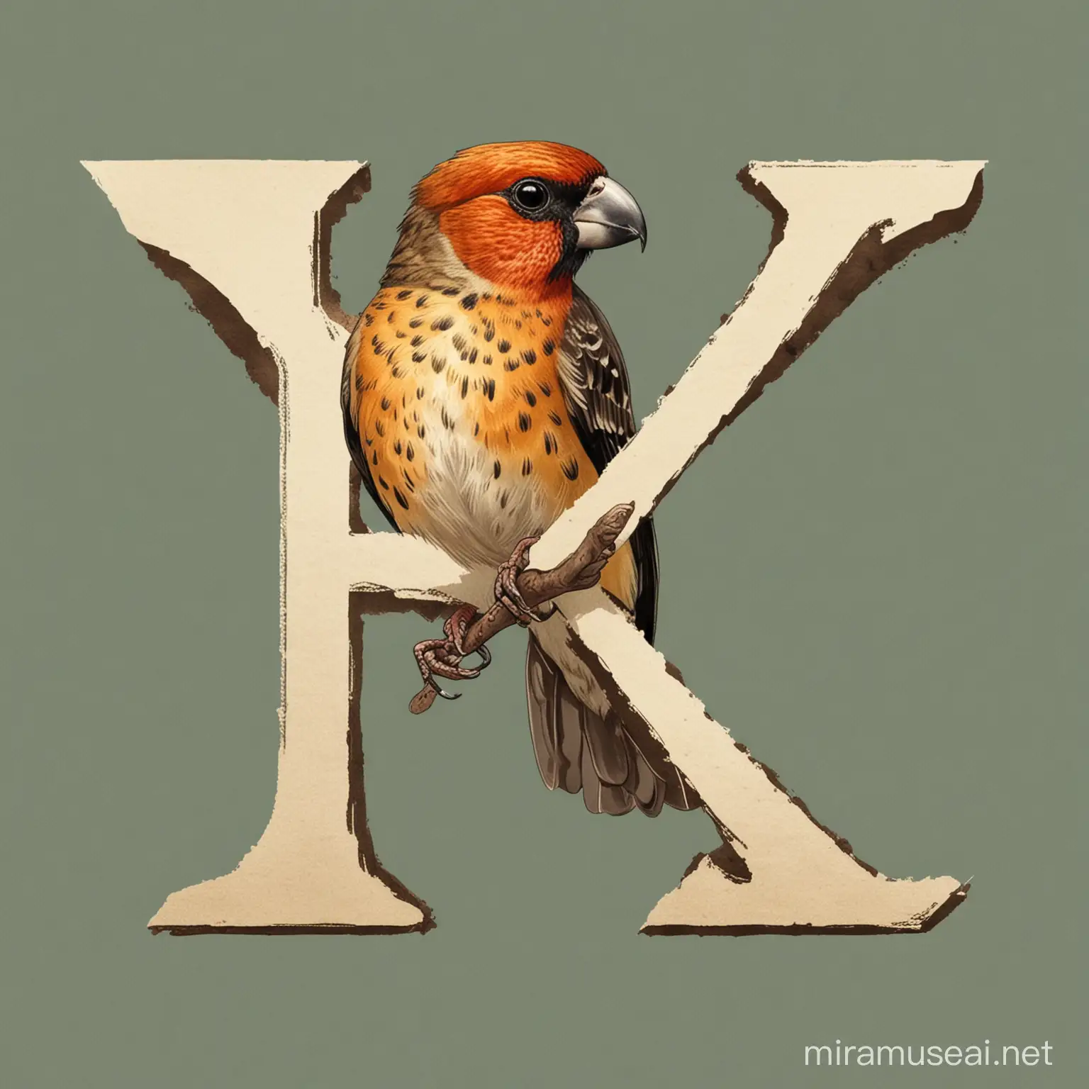 A logo of the bird galapagos finch with the letter "K" on its wings