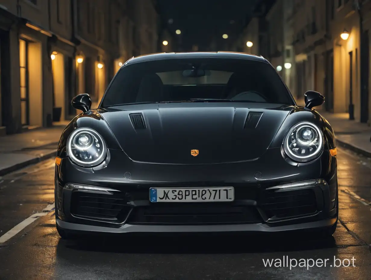 black Porsche car, expensive, front view, headlights on, night