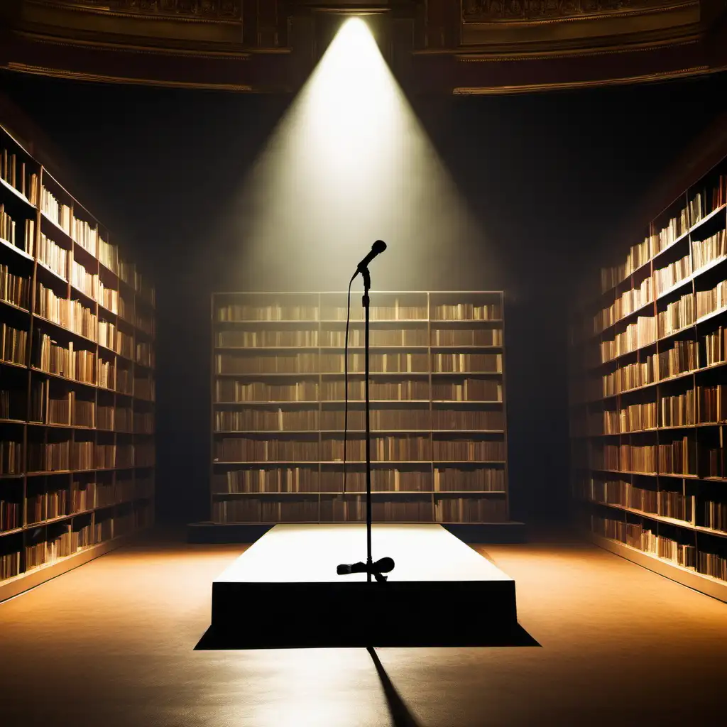 stage in the middle of a library with a microphone and spotlight, no people