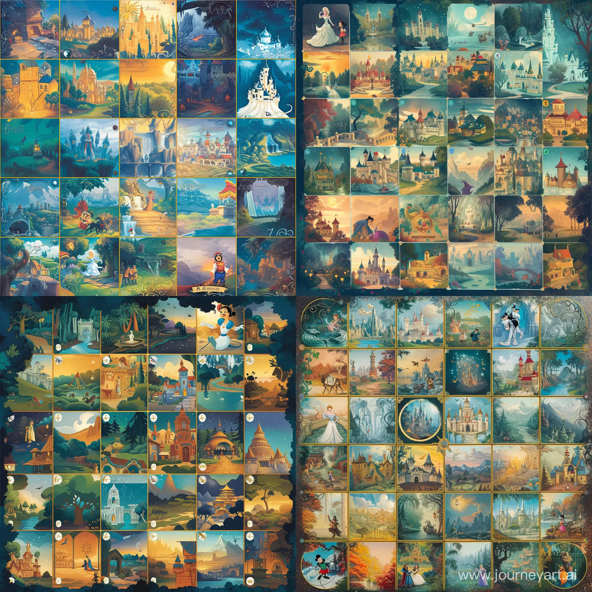  "Generate an image of a board game with 30 sections, each featuring Disney-themed motifs, akin to the game Dixit. Each section should represent an illustration of a distinct location from Disney, like Neverland, Arendelle, Agrabah, or other iconic Disney settings. The board should comprise creative illustrations that spark imaginative connections to stories and characters from the Disney universe. Motifs can encompass classic characters like Mickey Mouse, Cinderella, Aladdin, Beauty and the Beast, or any other beloved Disney character. The image should be vibrant, distinctive, and captivating, encouraging players to devise unique associations and stories within the magical Disney realm." disney cartoon style