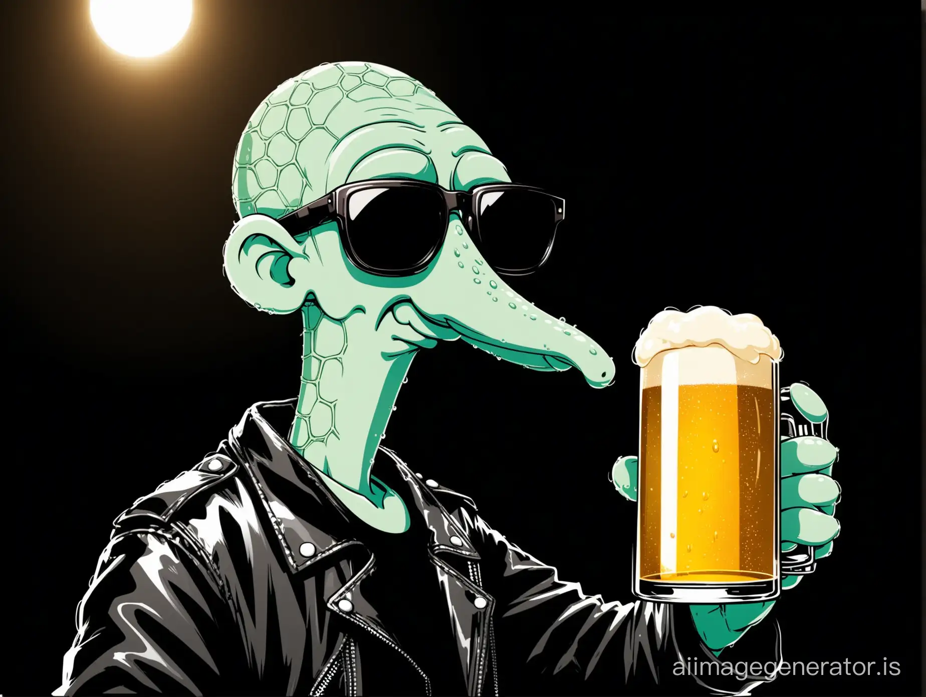 imagine Squidward wearing sunglasses, black leather jacket with a logo that says "Aqua". Holding a beer, looking ahead smiling. Studio photo. network backlighting. Clean black background