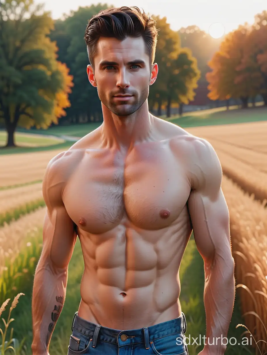 youthful fit and built Adonis-like Adam Levine, with hairy chest and eight pack abs shirtless in vintage ripped jeans, in a midwestern meadow during fall at sunset, vibrant volumetric lighting on face and eyes, medium upper body shot, 16k, very high quality, very high resolution, 35mm camera, Adonis, nsfw, face and upper body portrait by Bruce Weber,