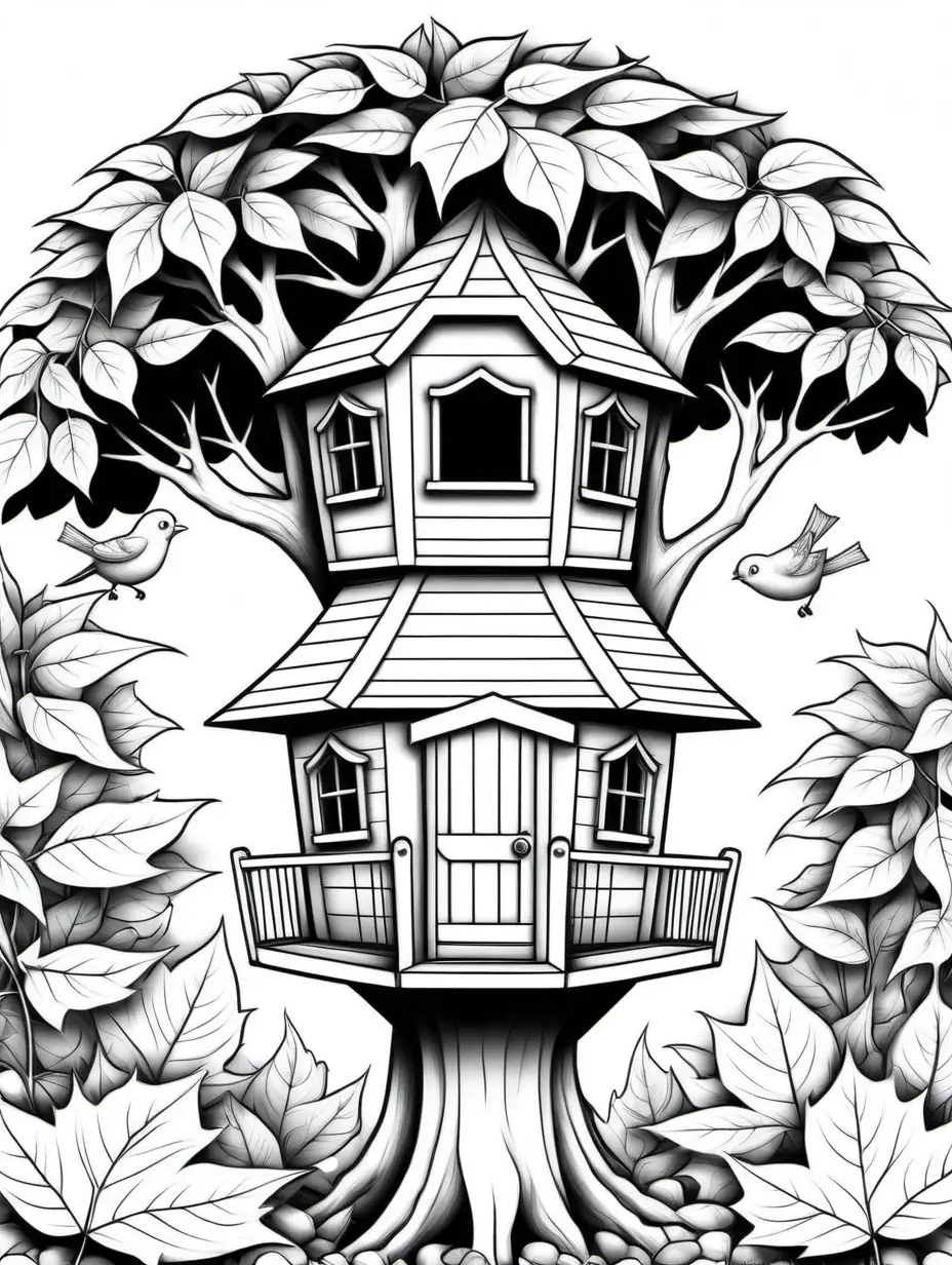 a octagon shaped bird tree house coloring book, black and white, individual leaves, no shading, no background, thick black outline